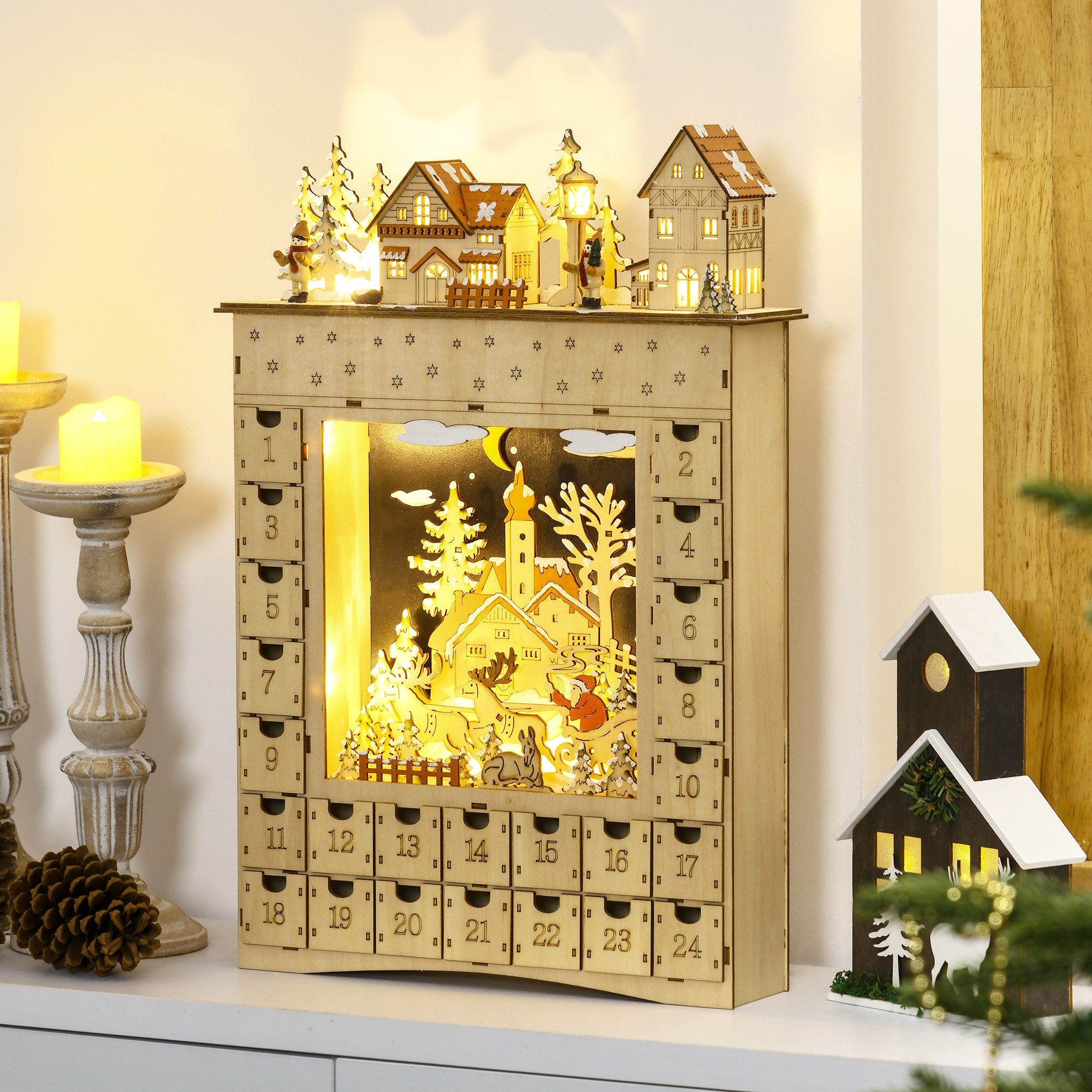 HOMCOM Weihnachtsdorf LED-Lichter, wiederverwendbar, 24-Tage-Countdown-Schublade, Naturholz