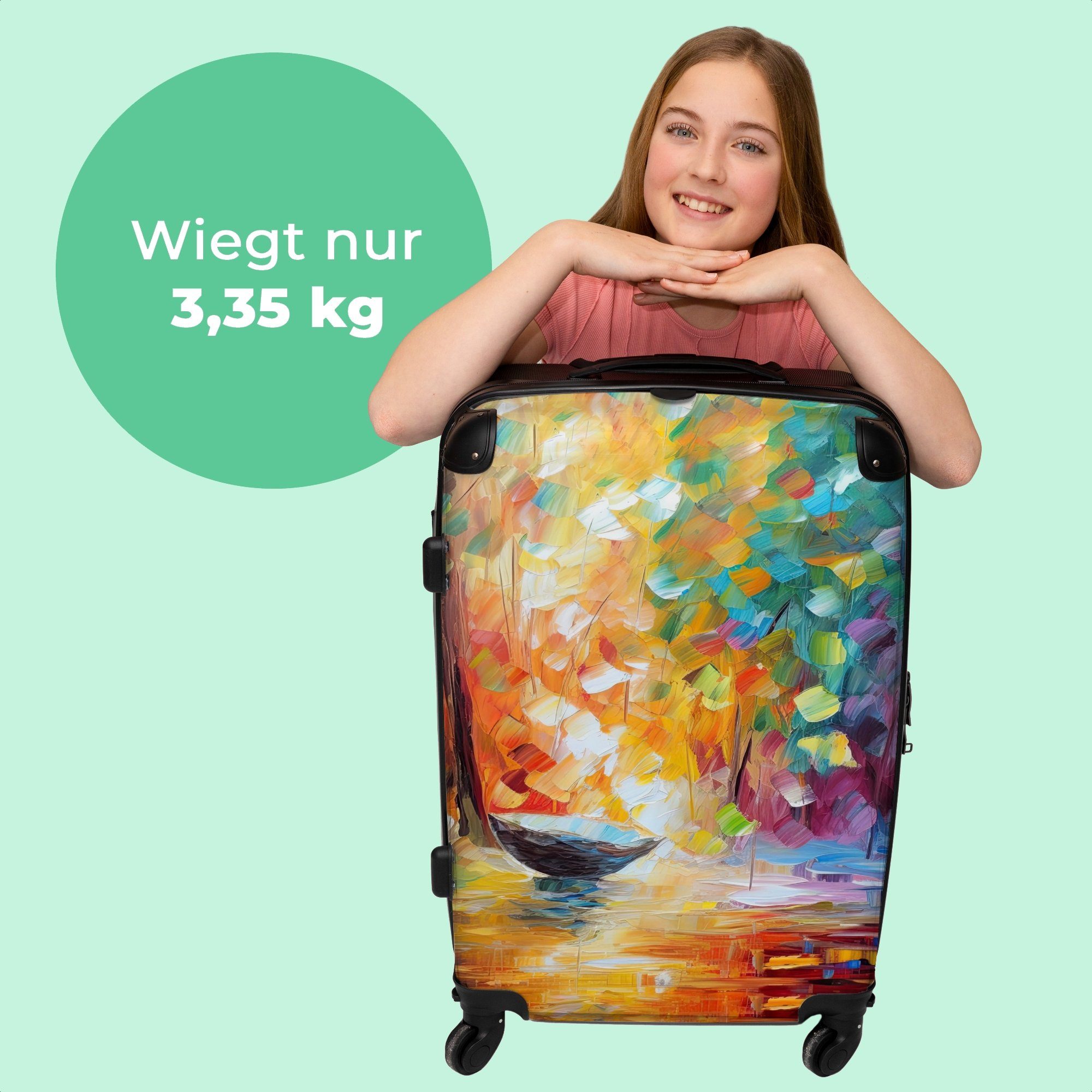 Bunt Große Rollen - 4 mit Boot, - Wasser - Ölfarbe Rollkoffer Koffer 4 67x43x25cm NoBoringSuitcases.com© Rollen, Aufgabegepäck Trolley - Reisekoffer