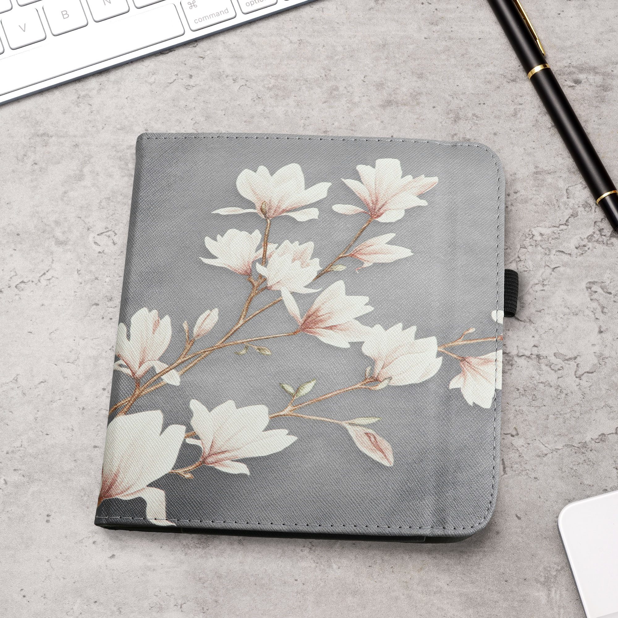 kwmobile E-Reader-Hülle Flip Schutzhülle für Kobo Kobo Libra Colour / Tolino Vision Color, Handschlaufe - Cover Magnolien Design – Bild 3 von 5