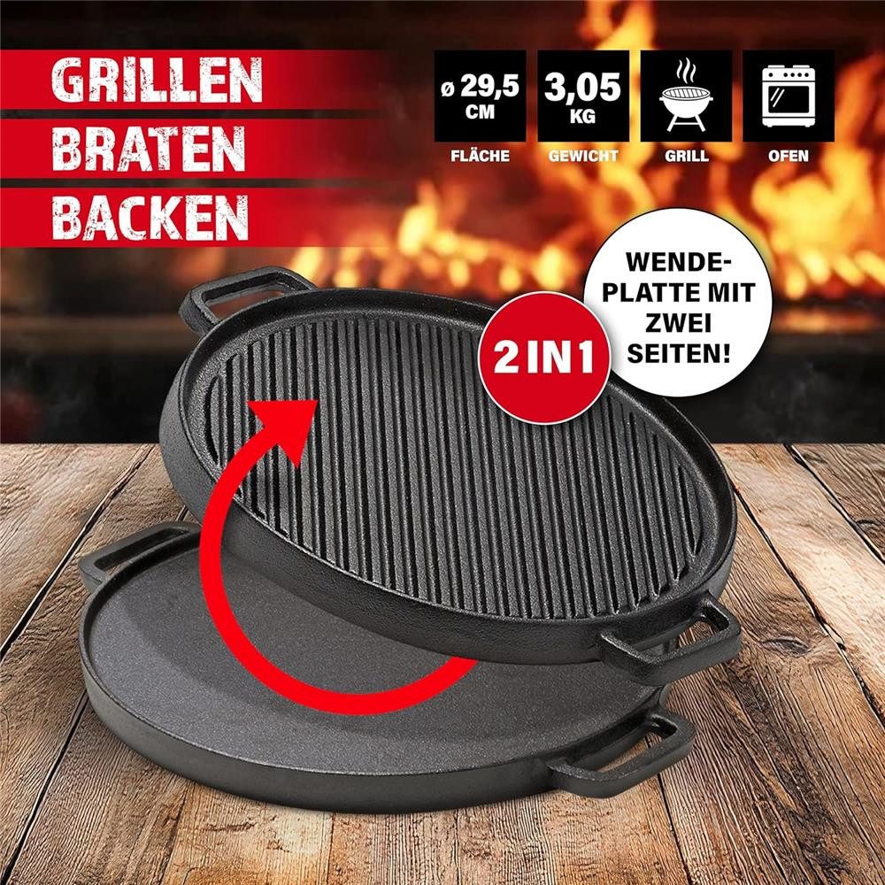 BBQ Boss Grillplatte Runde Grill Gussplatte 2 in 1 Gusseisern Ø 29,5cm, 2-in-1 Wendeplatte mit geriffelter und glatter Seite