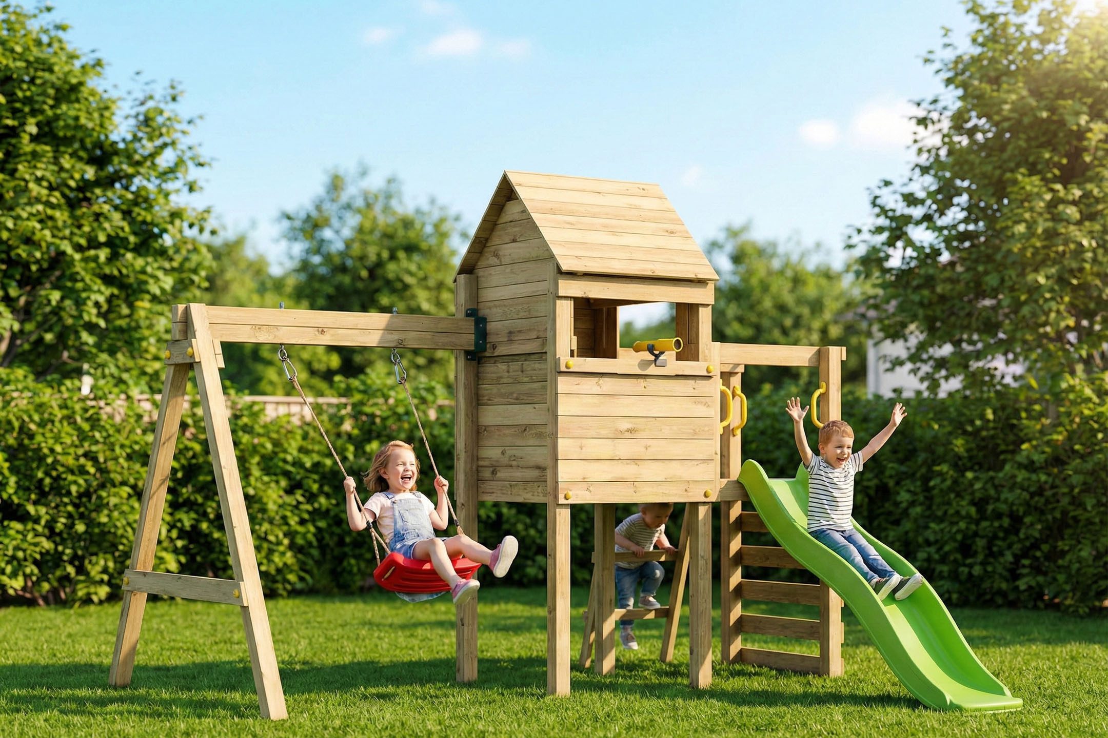 FUNGOO Spielturm LUOMI, mit Haus, Kletterwand, Rutsche und Schaukel fur Kinder