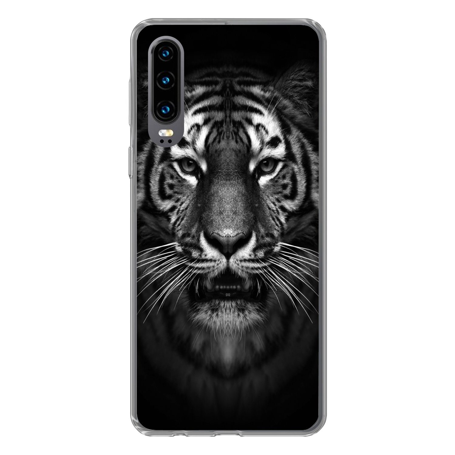 MuchoWow Handyhülle für Huawei P30 Tiger - Tiere - Schwarz - Weiß - Porträt - Wild, Handy Case, Silikon, Bumper Case Dünn
