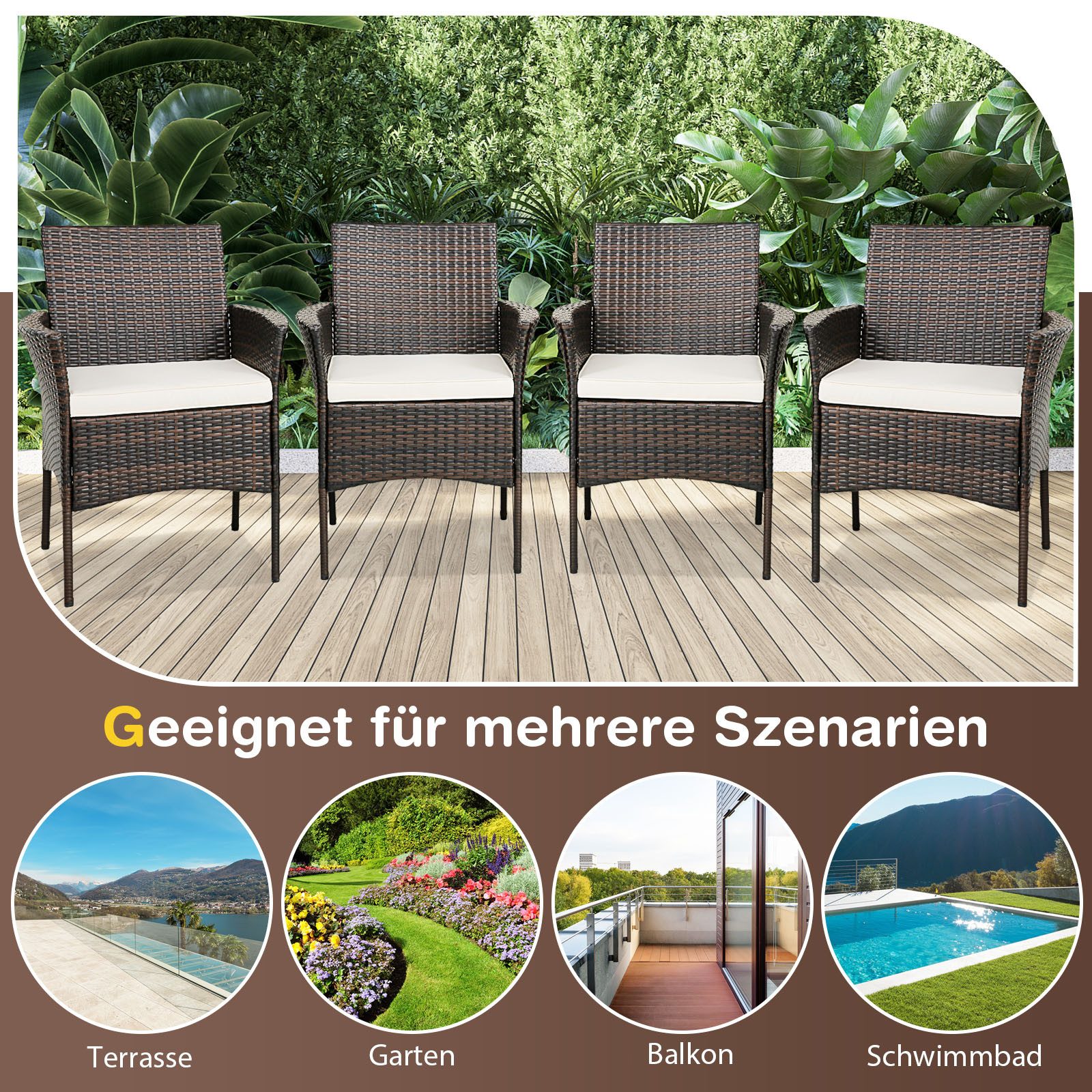 KOMFOTTEU Gartenstuhl (4 St), Rattanstuhl mit Armlehnen & abnehmbaren Sitzkissen