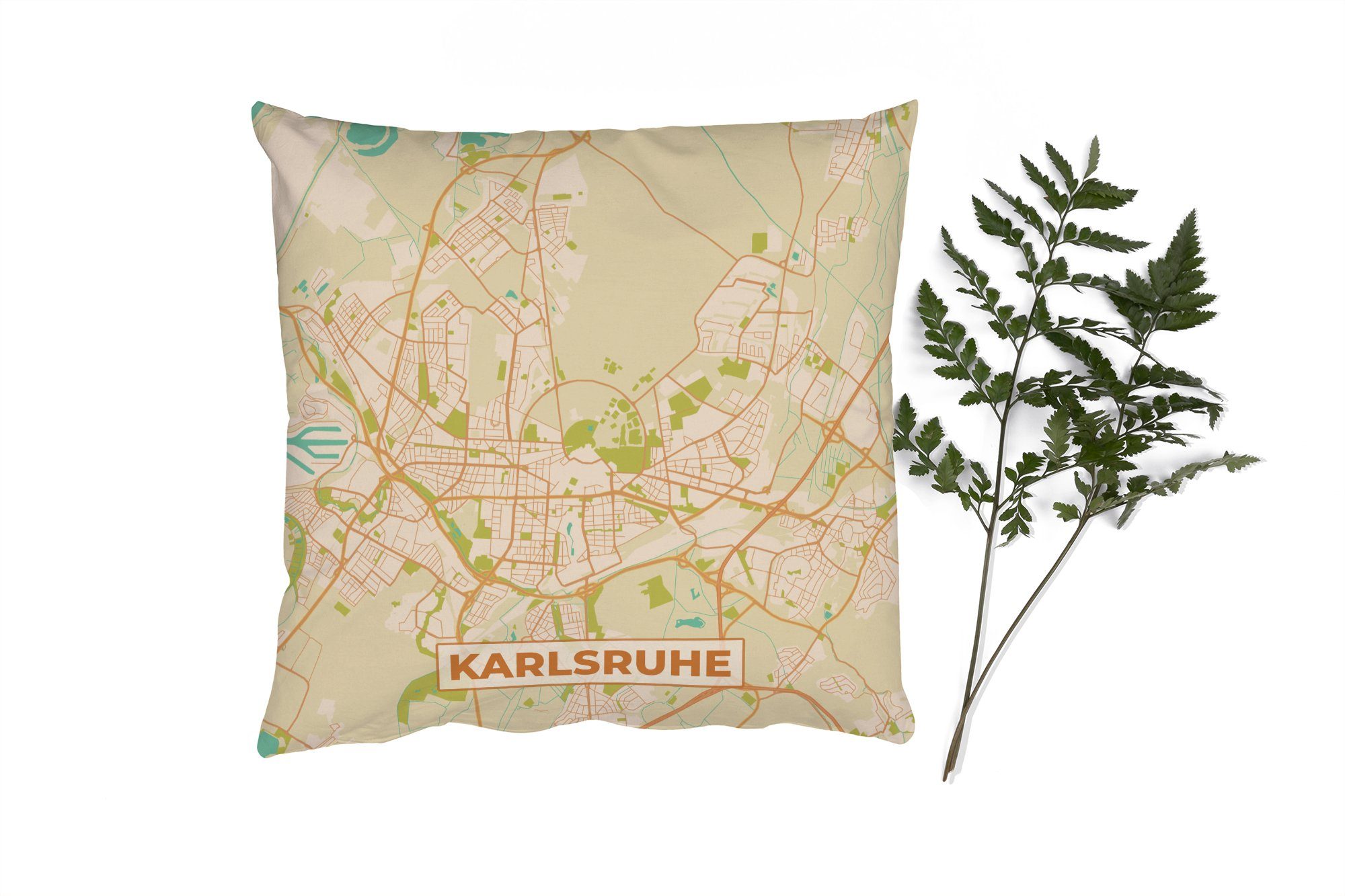 Karlsruhe - Sofakissen Stadtplan - mit Füllung - Schlafzimmer, Deko, MuchoWow Vintage Karte, Wohzimmer, Dekokissen Zierkissen für