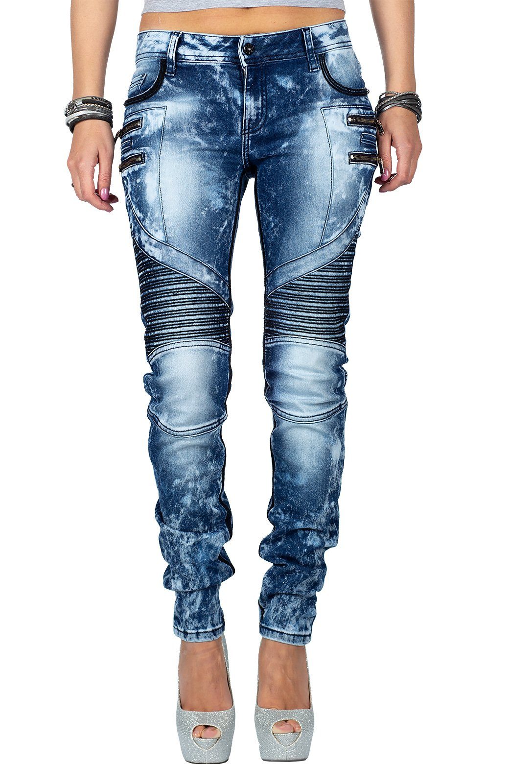 Cipo & Baxx Bikerjeans Damen Slim Fit Hose Stonewashed BA-WD361 Besondere Strassknöpfe