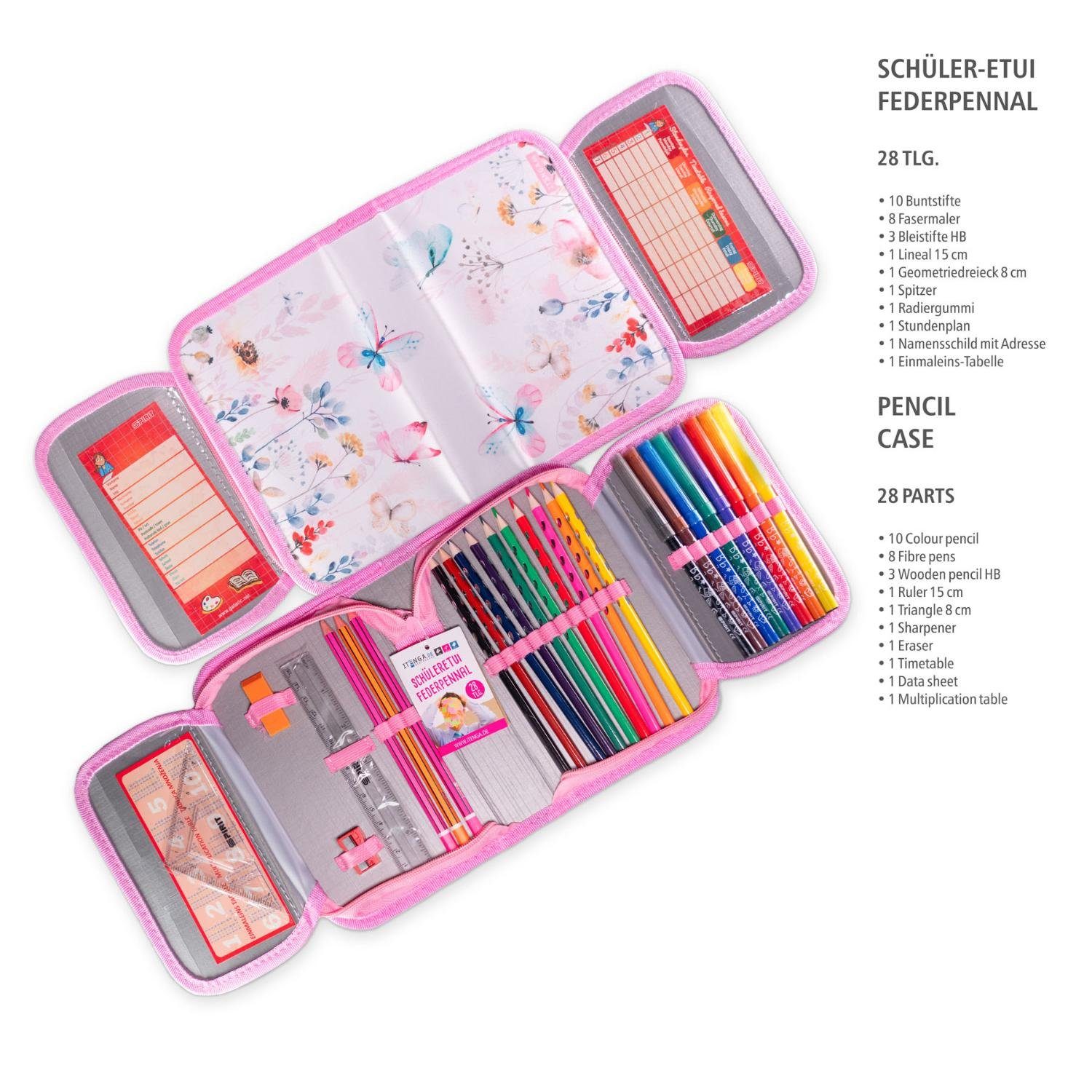 itenga Federmäppchen itenga Schüler-Etui Mäppchen Schmetterling 28 teilig 1-Zipper