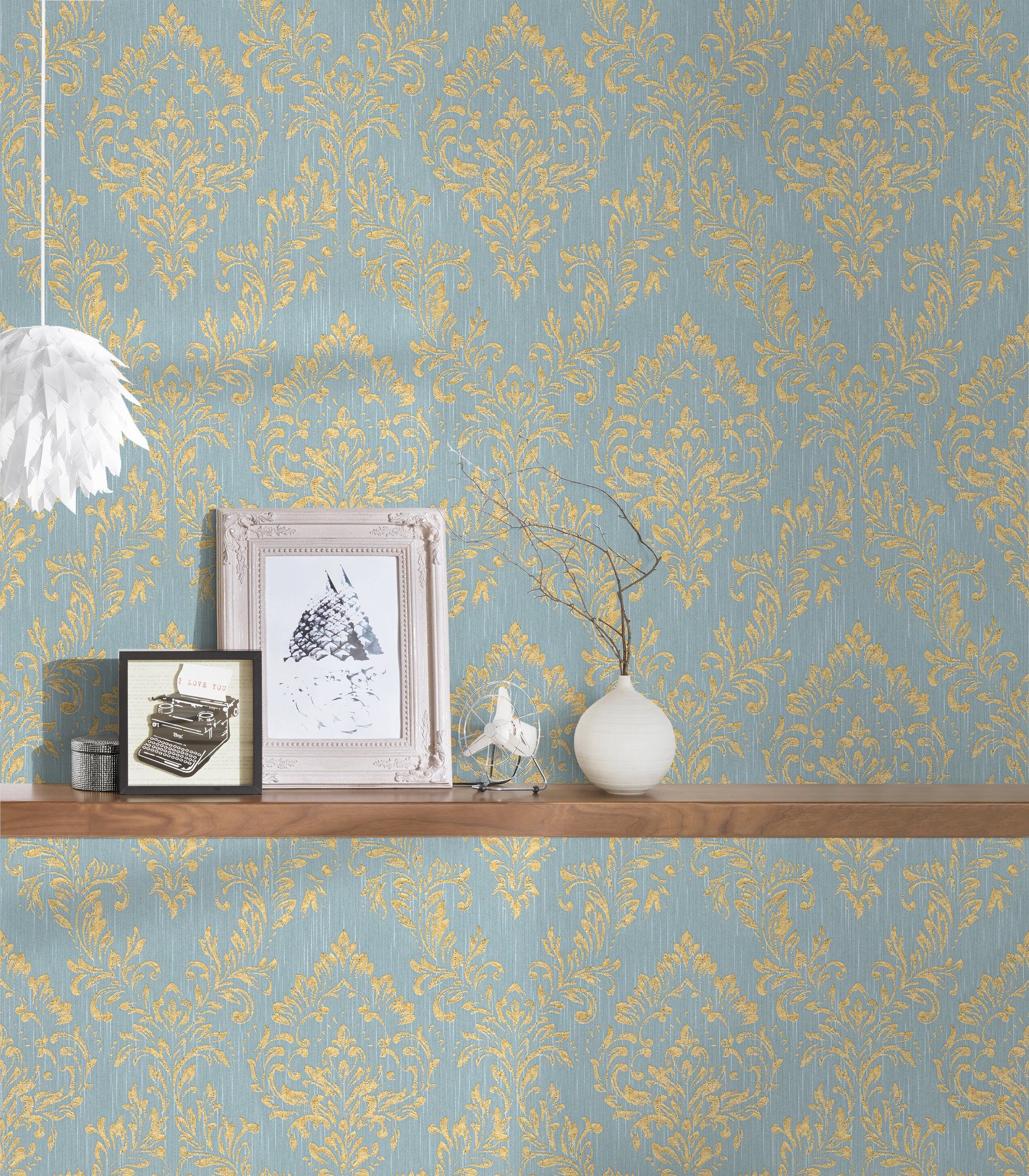 Silk, Barock Barock, Paper glänzend, Metallic matt, Création gold/blau/grün Architects Textiltapete samtig, Ornament A.S. Tapete