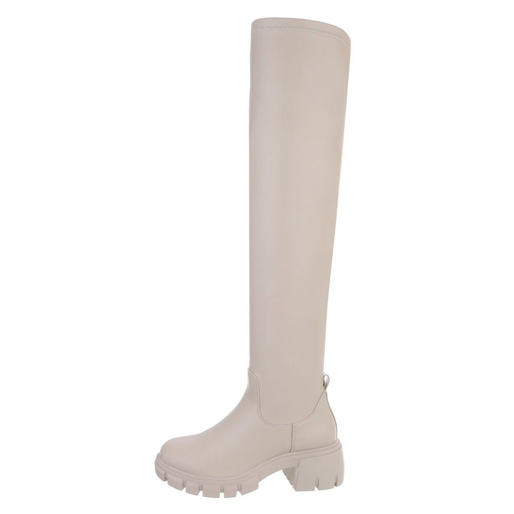 Ital-Design Damen Freizeit Plateaustiefel (80951095) Blockabsatz Overknees in Beige