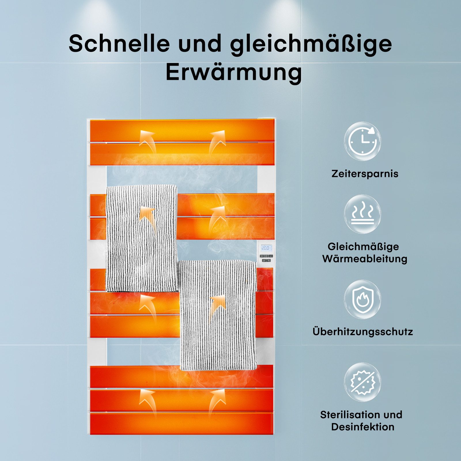 FOHERE Elektrischer Badheizkörper Handtuchwärmer mit 6 Temperaturvorwahlen, mit Zeitschaltuhr, kabelgebunden und steckerfertig – Bild 2 von 5