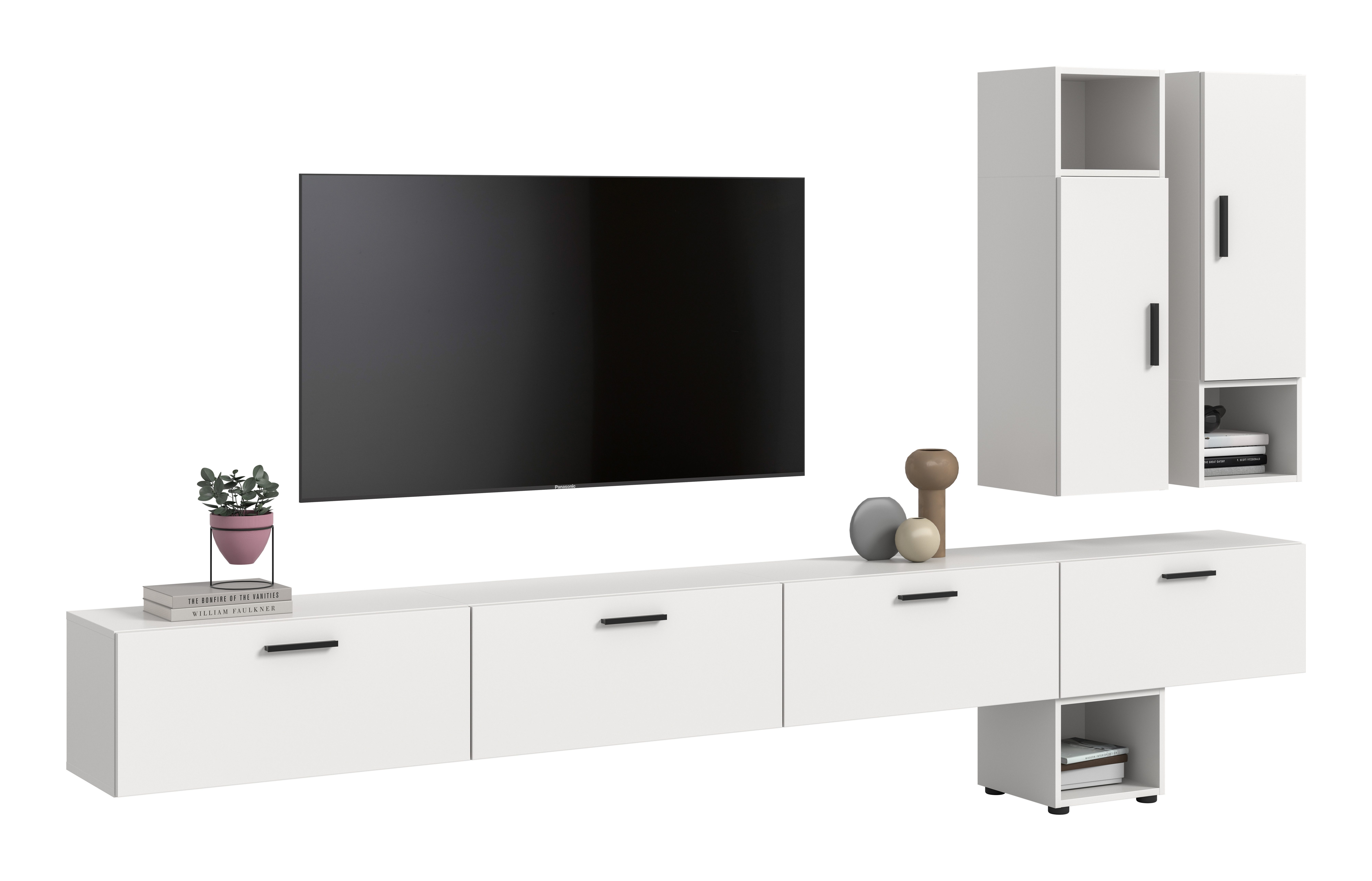 furnling Wohnzimmer-Set Onea, (9-St., 2 Hängeschränke, 3 Standschränke, 4 Lowboards), 2 Türen, 3 offene Fächer, 4 Klappen, Breite 300 cm, weiß