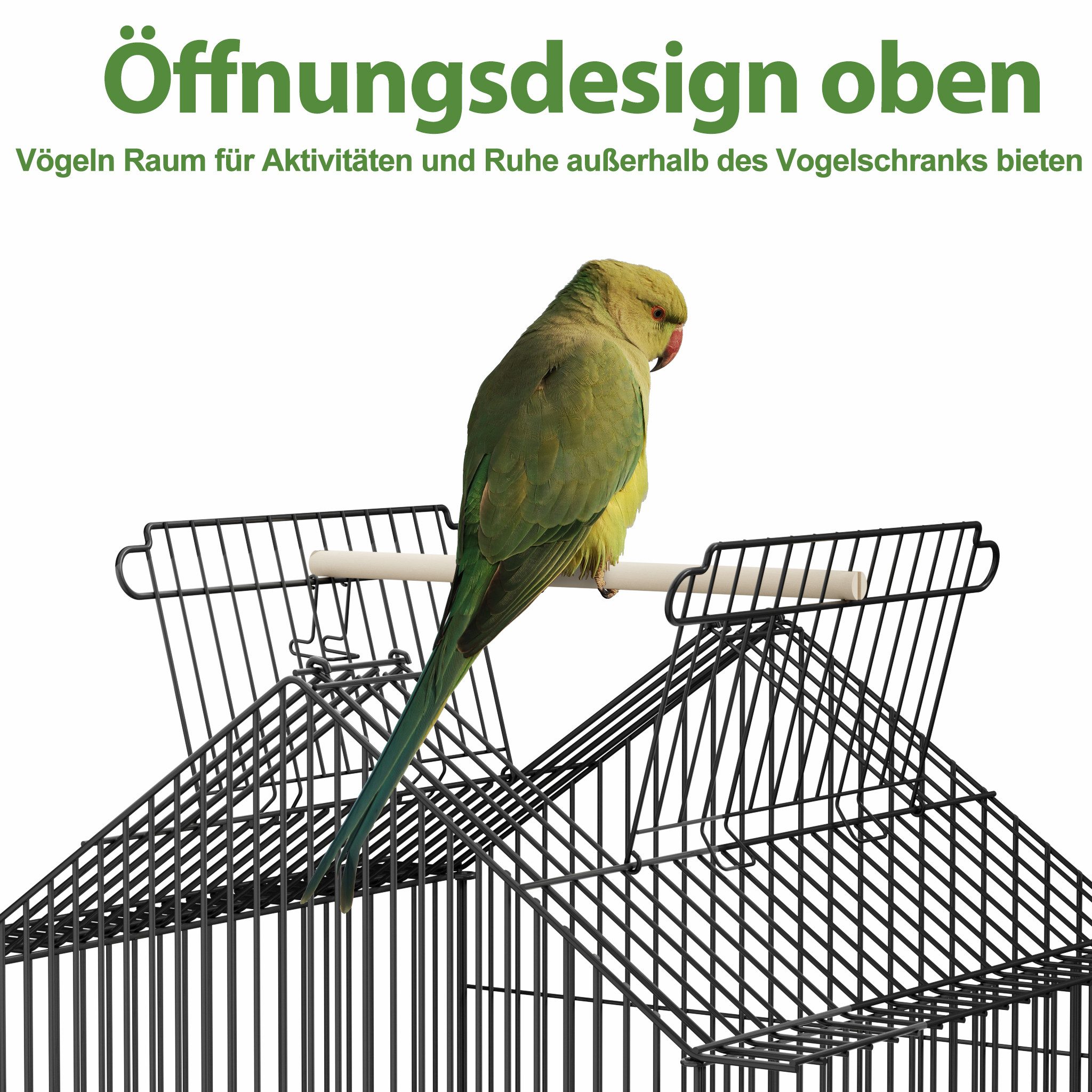FIVMEN Vogelkäfig Vogelvoliere Großer Vogelkäfig Papageienkäfig mit Offenem Dach, Voliere Kanarienvögelkäfig mit Ständer, Rollen Schwarz