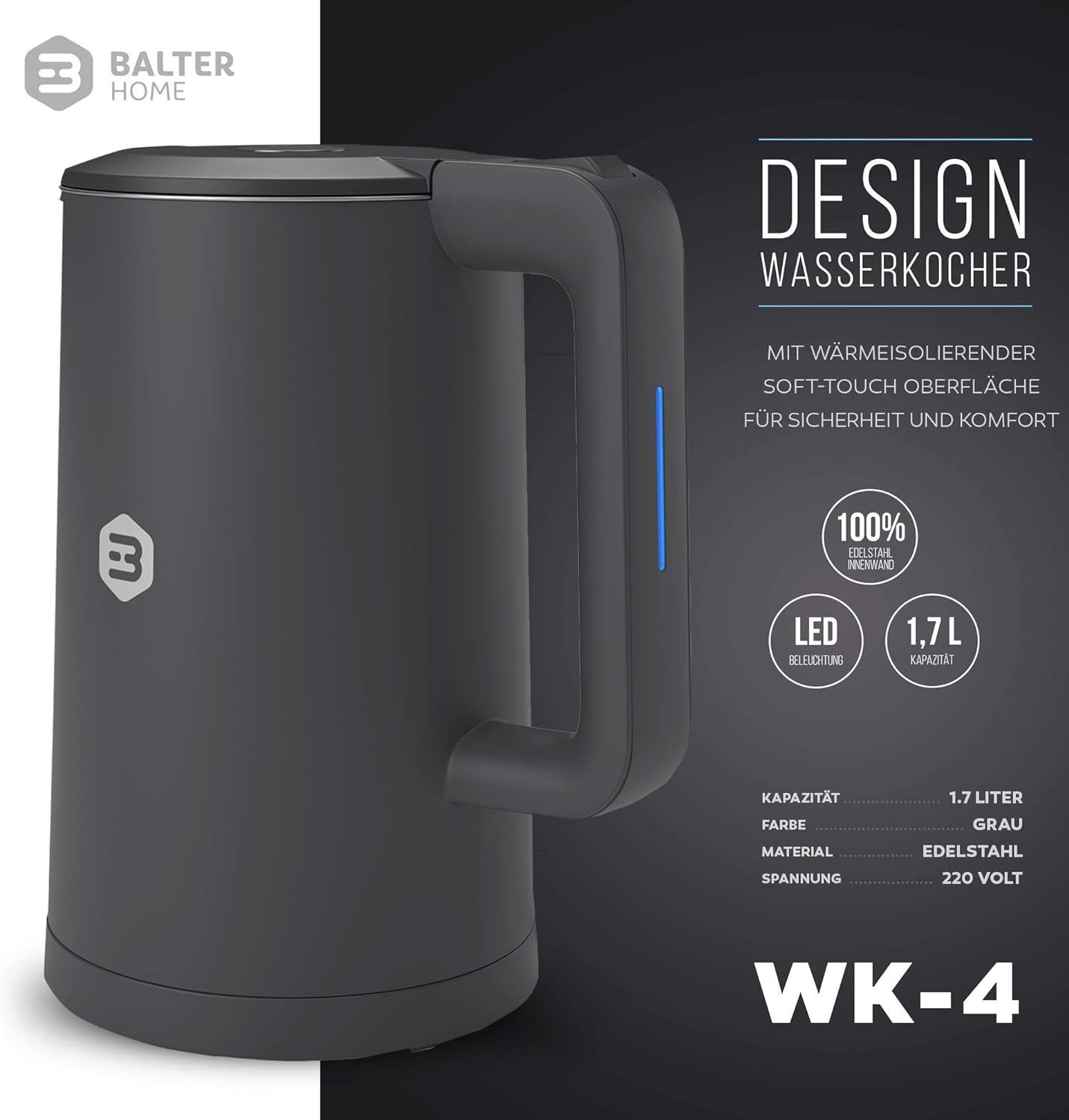 Balter Wasserkocher leistungsstarker Teekocher mit One-Touch Öffnung, 1.7 l, 2200,00 W, kabelloser Wasserkocher, BPA frei