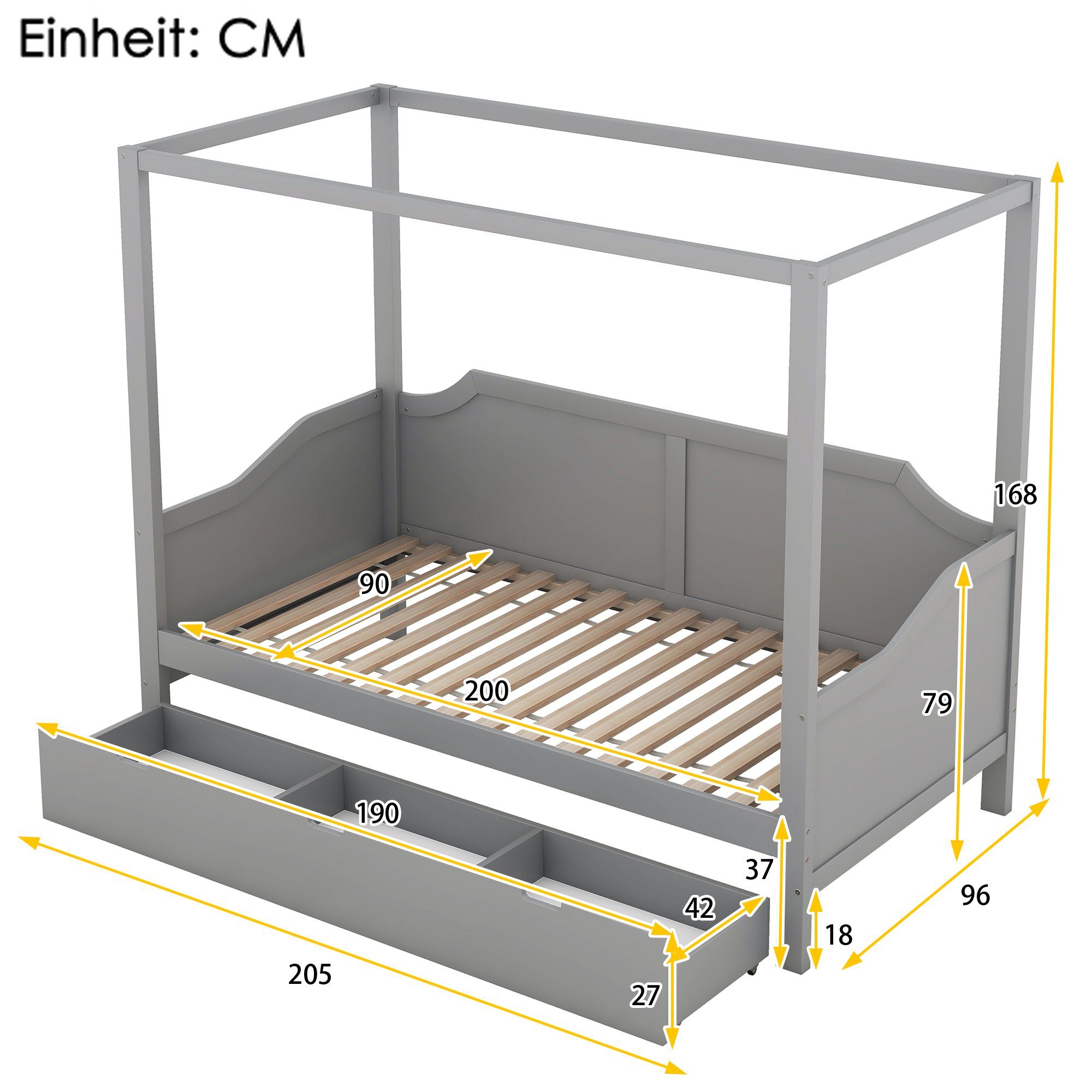 Himmelbett Merax cm mit Grau Holzbett, Schublade, mit 90x200 Lattenrost, Tagesbett