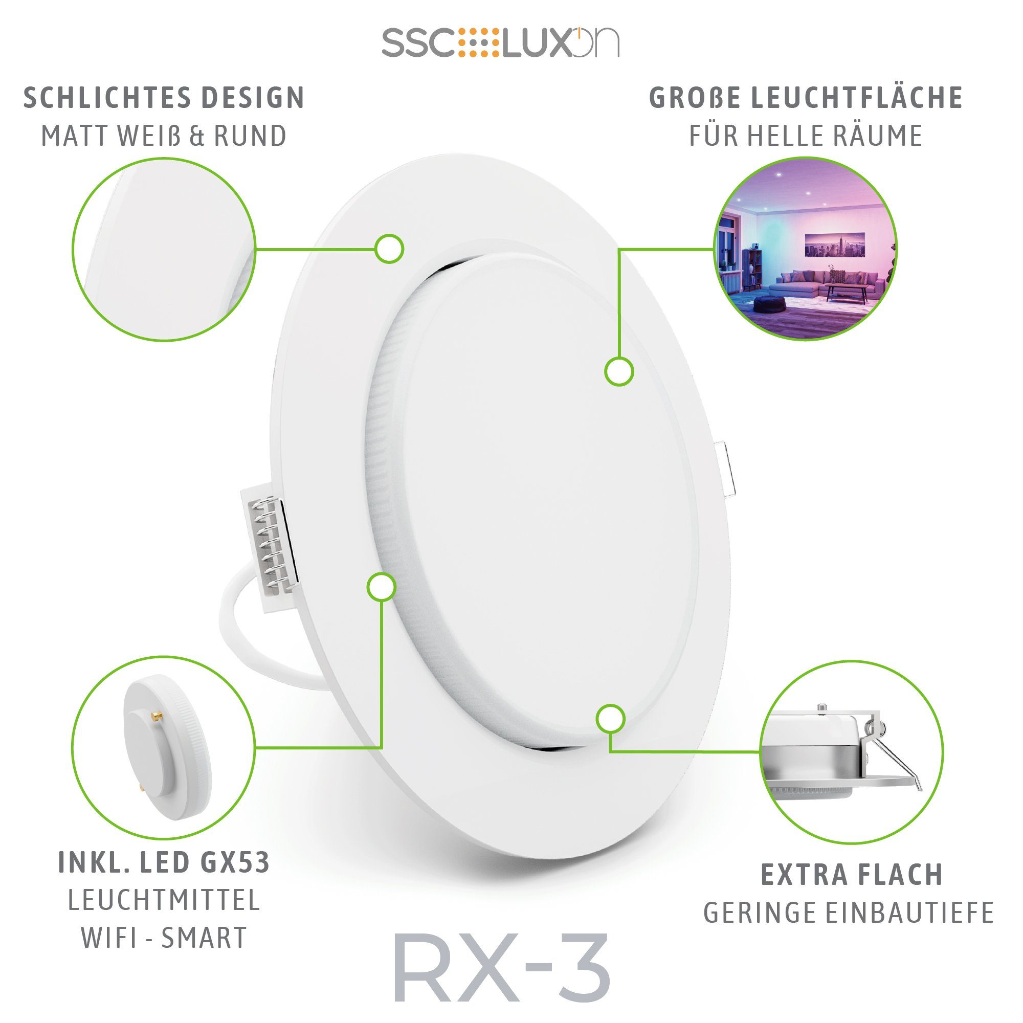 6W, RX-3 SSC-LUXon Smart RGB LED LED Einbaustrahler dimmbar WiFi RGB weiss flacher Einbaustrahler mit