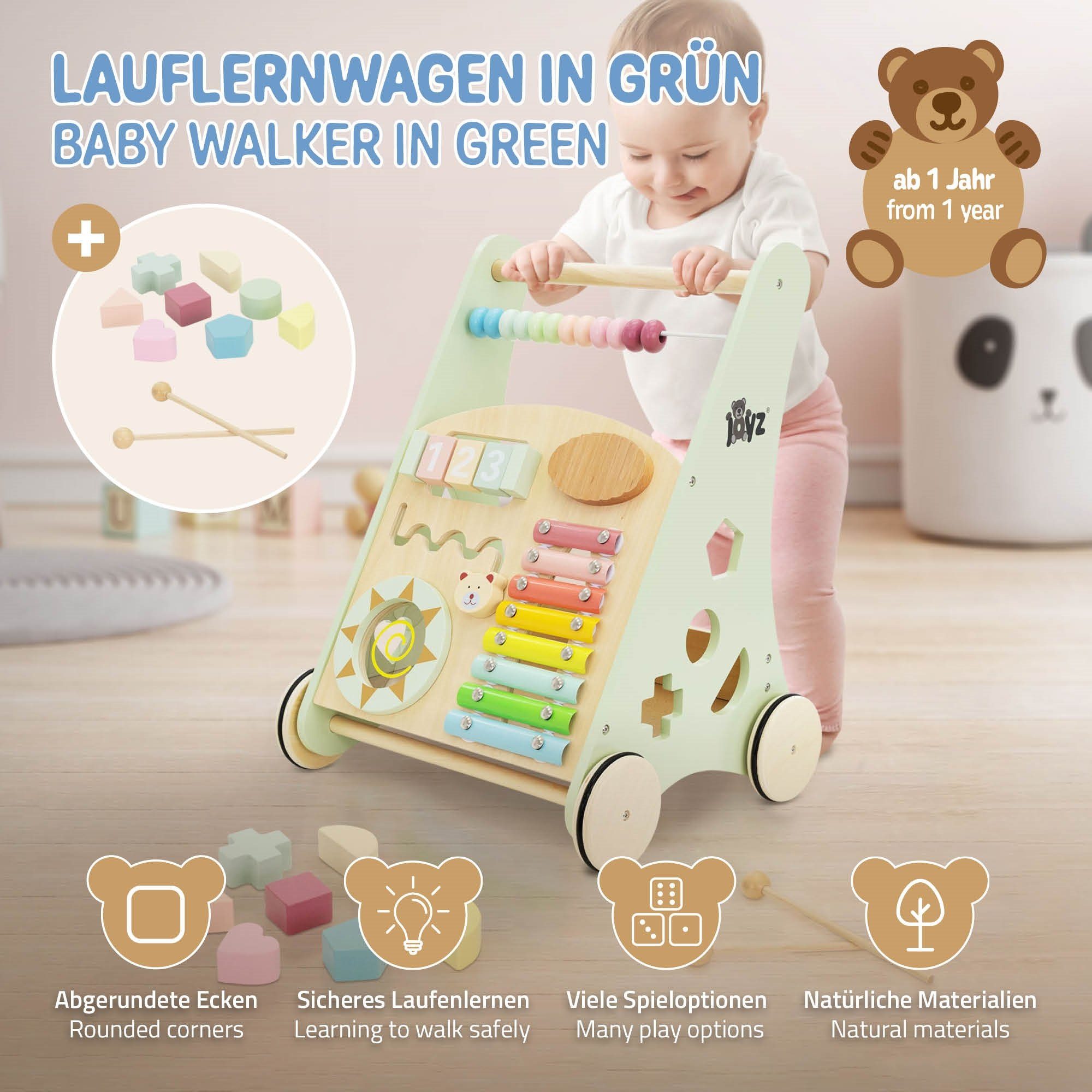 Joyz Lauflernwagen Lauflernwagen Lauflernhilfe Montessori-Holzspielzeug mit 7 Aktivitäten Jahr Holz Multifunktional Kinder Grün Gehhilfe, 1 Gehfrei ab