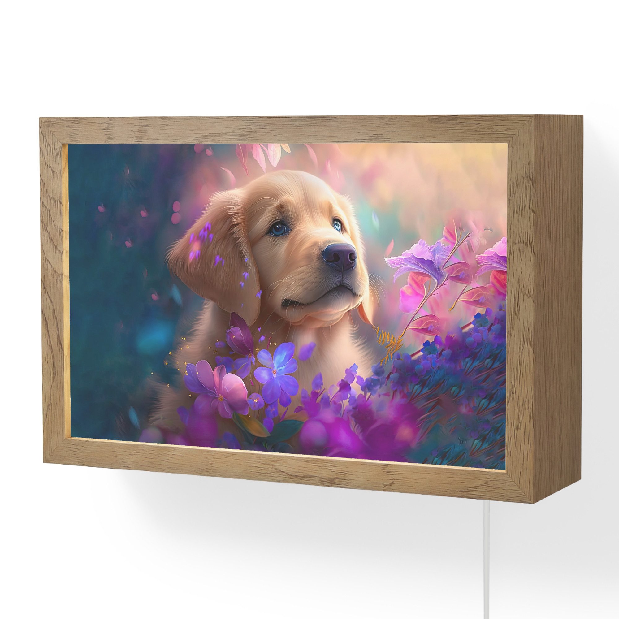 OnlyWow Wandleuchte Lightbox Hund - Welpe - Sonne - Blumen - Golden Retriever - Mädchen, Dimmbar, Farbwechsel, LED, Warmweiß, Kaltweiß, Neutralweiß Einstellbar, Wandlampe Innen, Dimmbar, mit Kabel, LED, Modern, Schlafzimmer