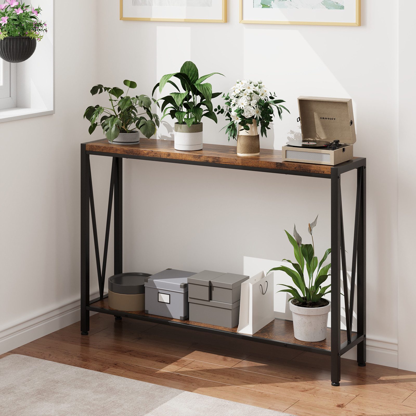GarveeMore Konsolentisch Schmal Holz Konsolentisch,mit Stauraum, Holz und Metall Couchtisch