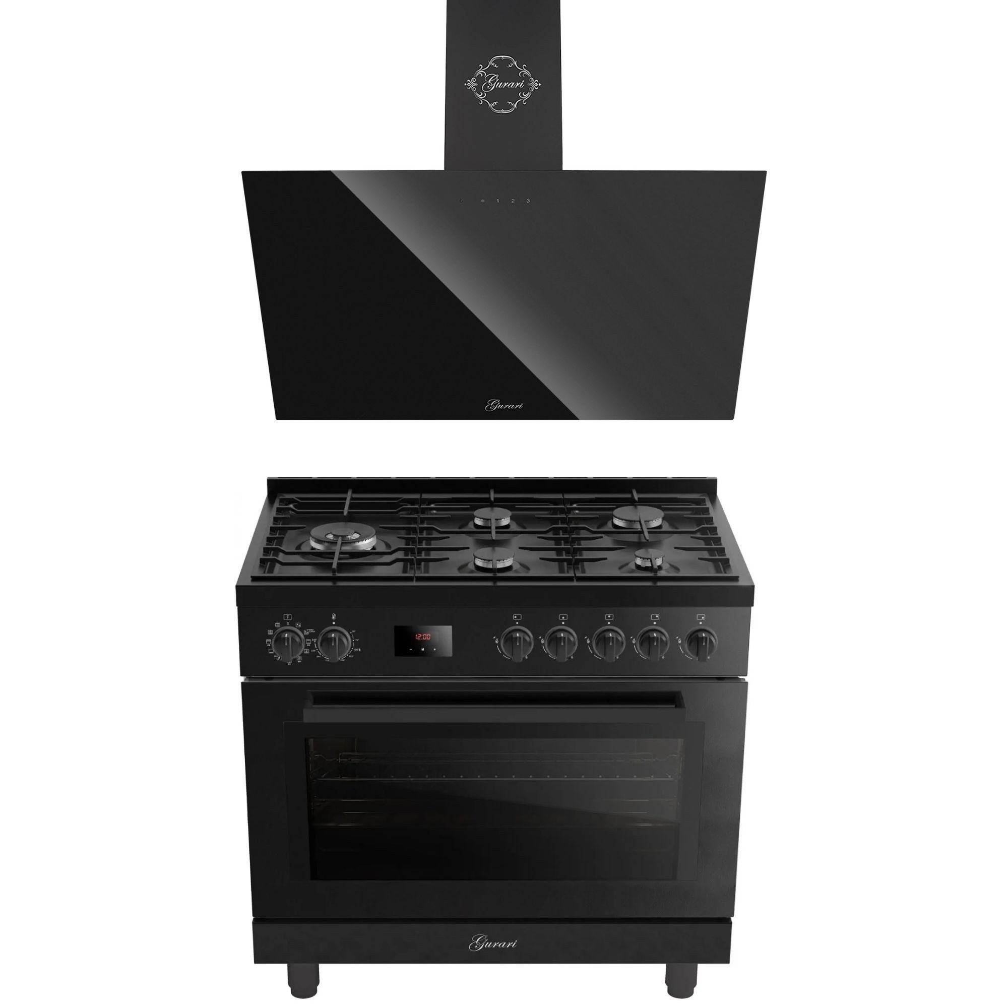GURARI Gasherd-Set 126 L XXL Backofen, Air Fry Funktion, elektrischer Drehspieß, Hydro Clean, katalytische Selbstreinigung, 4,0 kW Dreikreis WOK Brenner, Erdgas und Flüssiggas, 1000 m³/h Dunstabzugshaube GCH E 818 BL+GCH 286 BL 90 PRIME N, mit 1-fach-Teleskopauszug, Hydro Clean, Katalytische Selbstreinigung, Küchen Set Gasherd mit Dunstabzugshaube 90 cm Schwarz