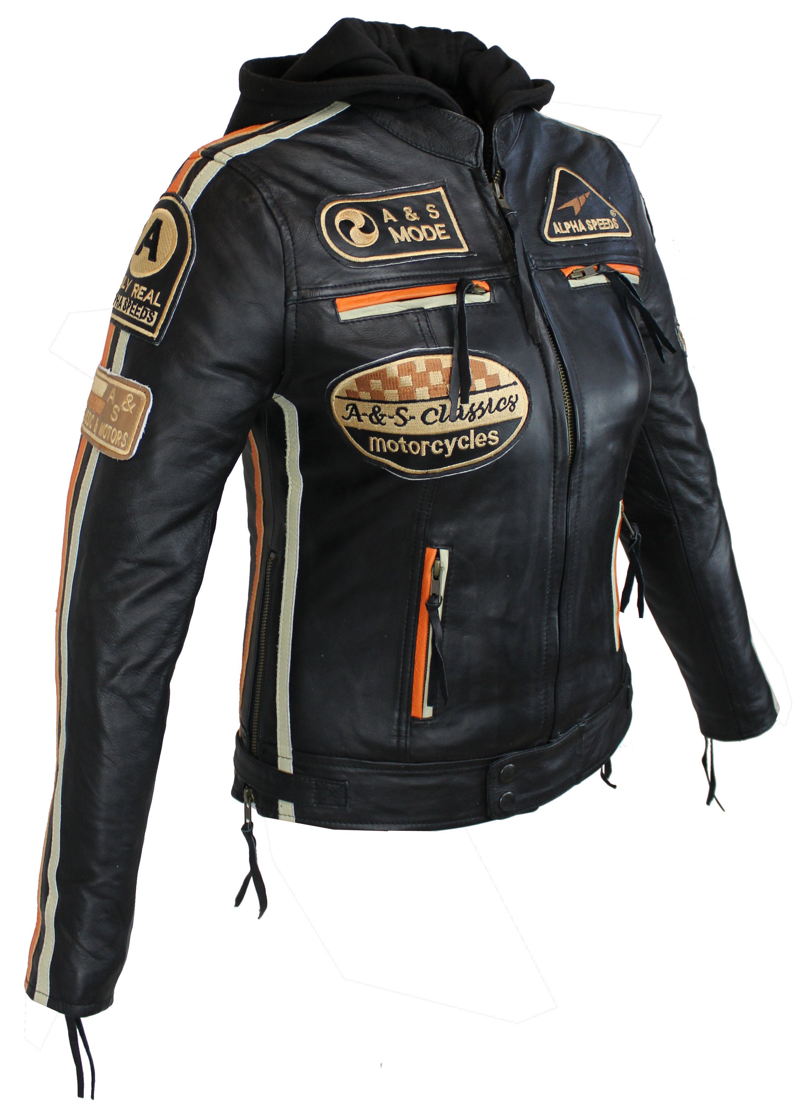 Alpha Speeds Motorradjacke - /Freizeit Damen Lammlederjacke Bikerjacke Highway 11 (mit einer abnehmbaren Kapuze) aus weichem Lammleder, inklusive einsetzbarer Protektoren