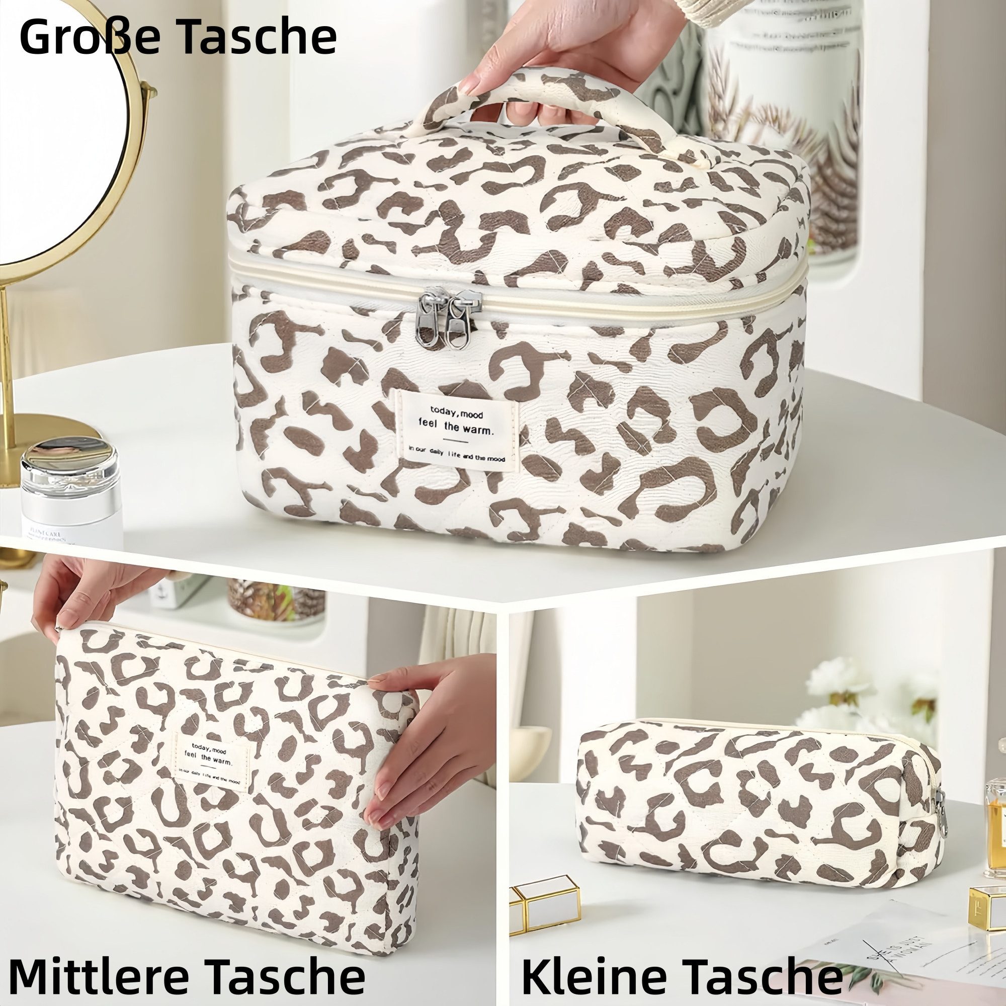 FOUORTUNATE-BEE Kosmetiktasche 3er Set Leopard Kosmetiktaschen für Damen (3-tlg), Klassische Kosmetiktaschen im Leopardenmuster für Frauen
