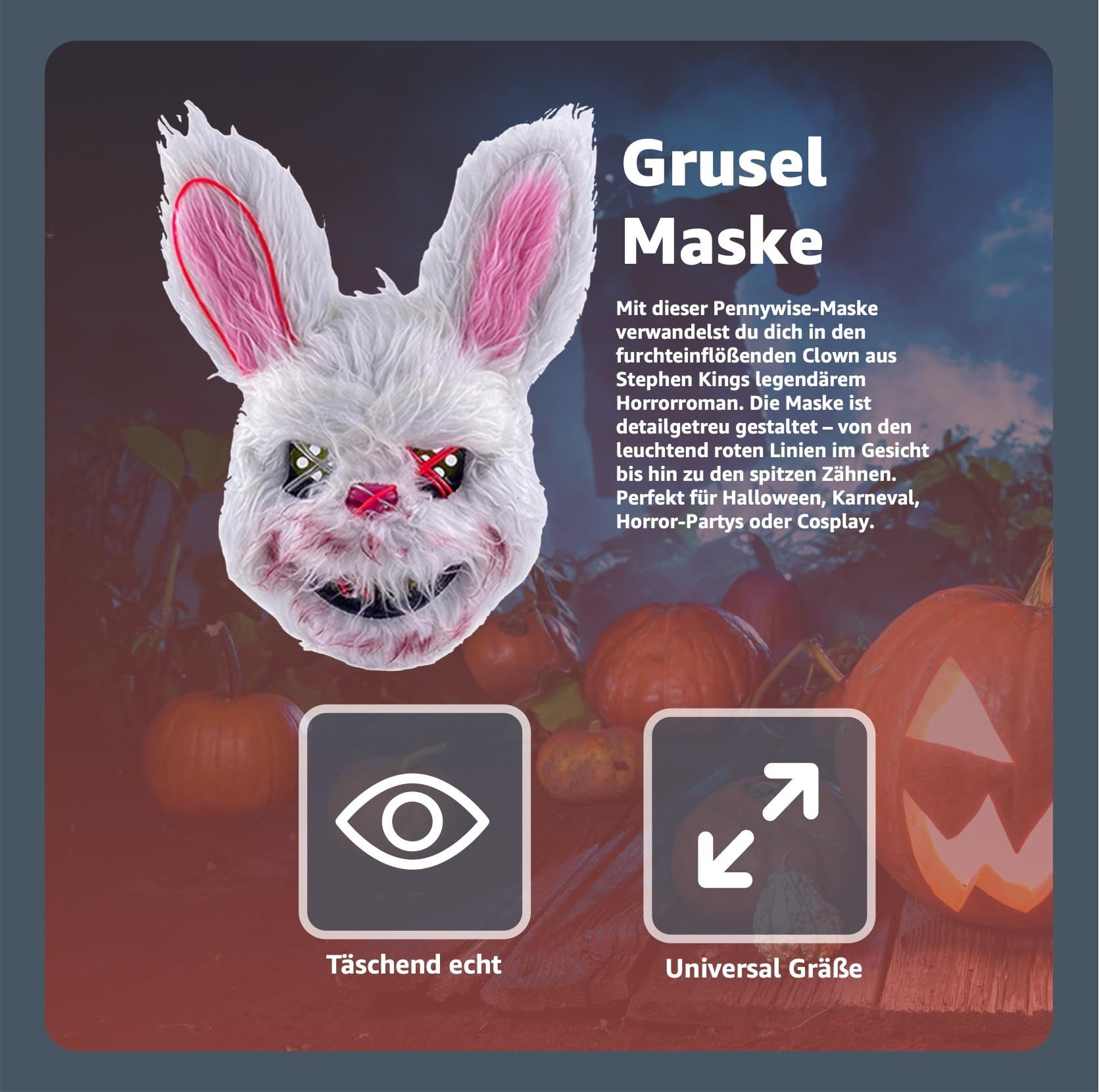 TK Gruppe Verkleidungsmaske Grusel Hase Maske – Horror Bunny Kostüm Accessoire, (Packung, 1-tlg)