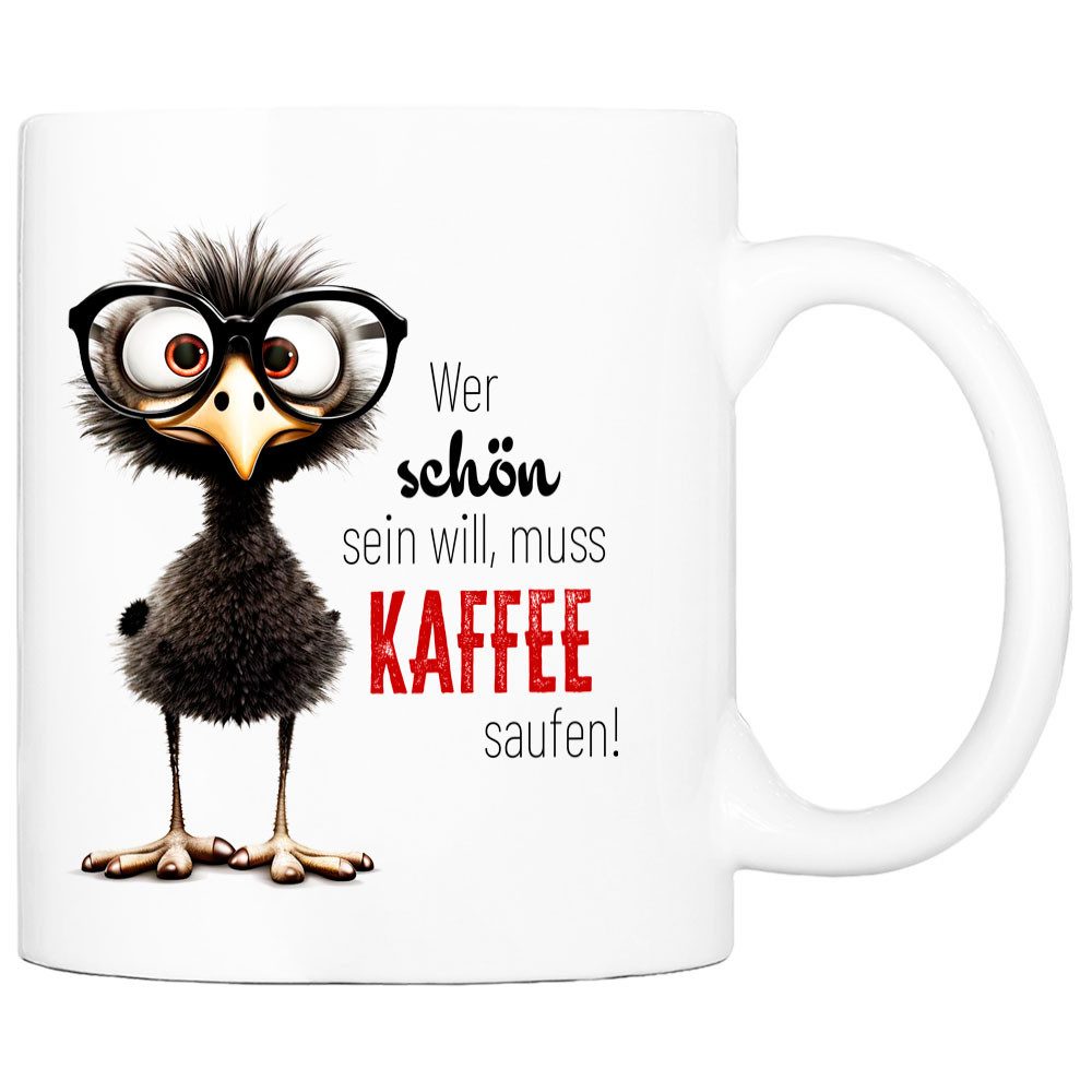Cadouri Tasse mit Spruch 'Wer schön sein will' Kaffeetasse Büro Arbeit, Geschenk, Keramik, Kaffeebecher, Geschenkidee Arbeitskollege, lustig, Humor, 330 ml
