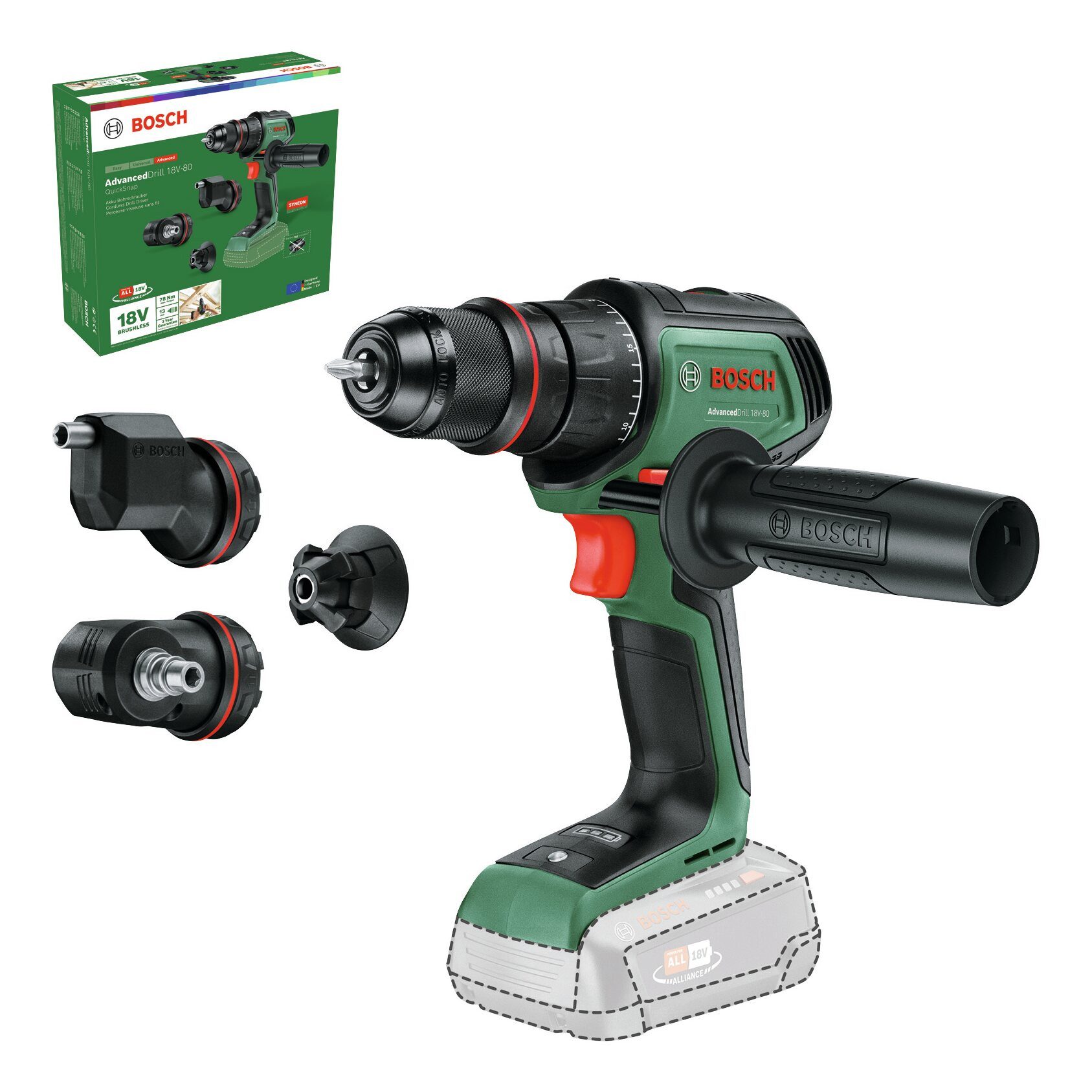 BOSCH Akku-Bohrschrauber AdvancedDrill 18V-80, 18 V, max. 500 U/min, QuickSnap Ohne Akku mit 3 Aufsätze - im Karton