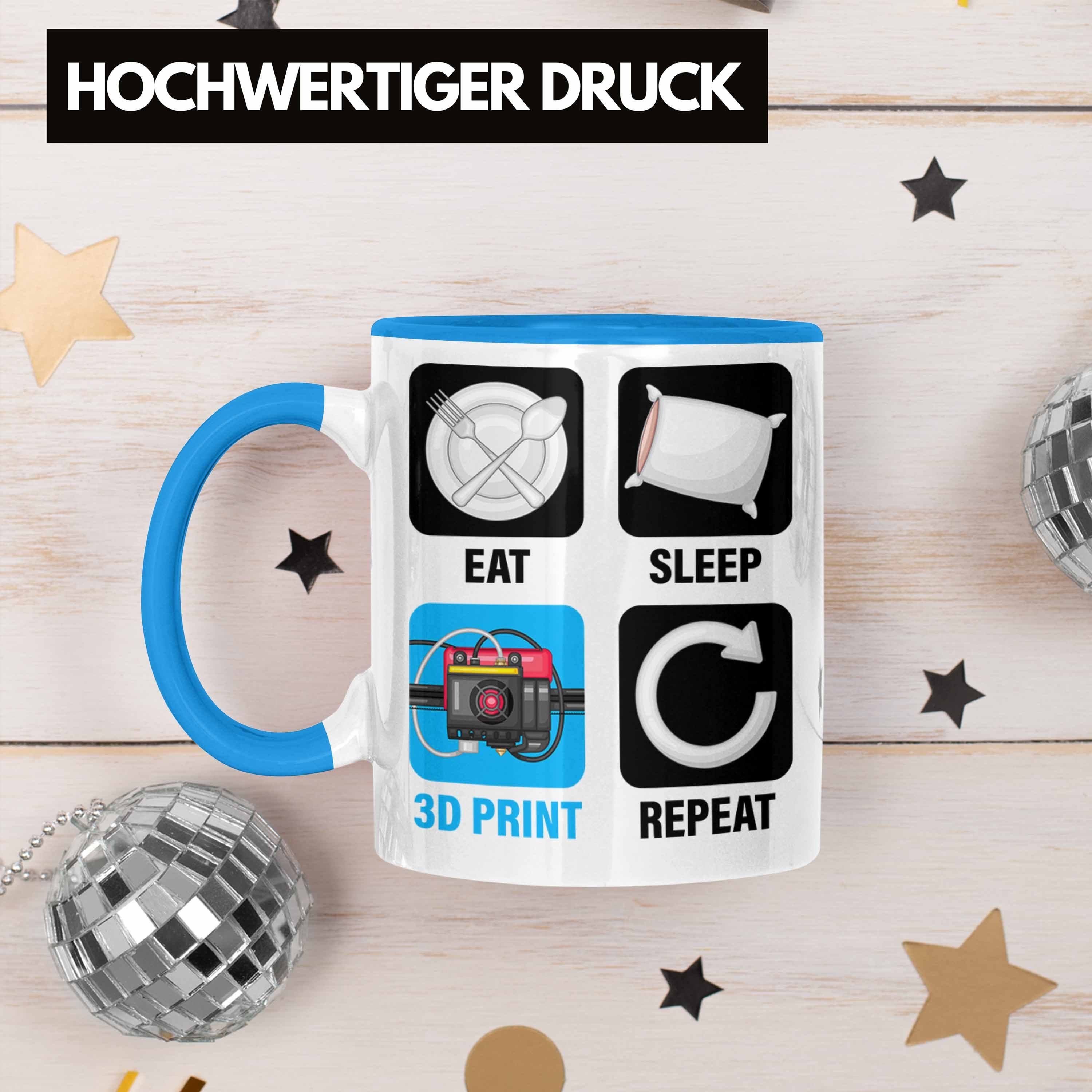 Trendation Eat für Geschenk 3D 3D Printing Mä 3D Print Repeat Sleep Drucker Tasse Tasse Blau