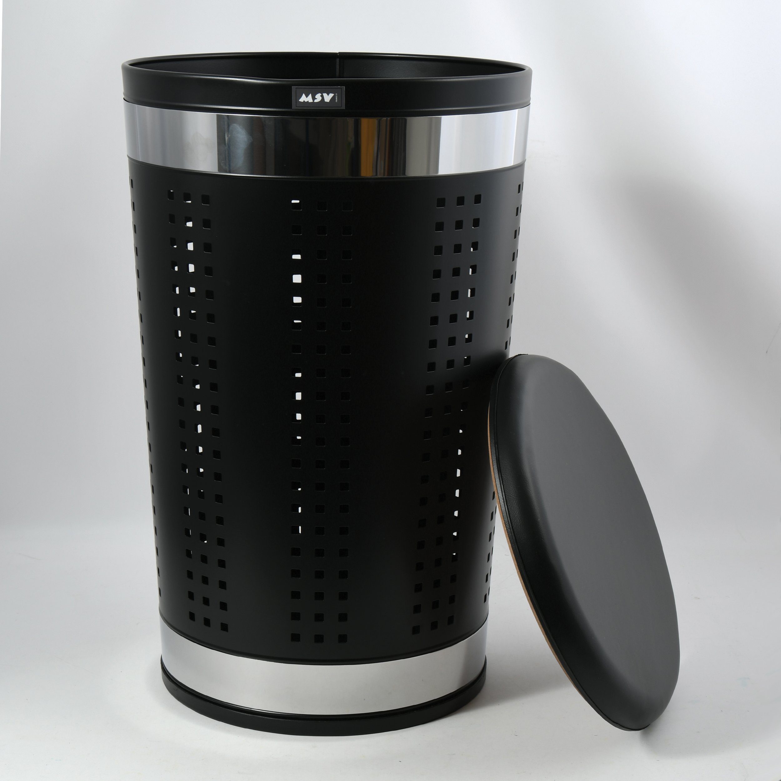 MSV Wäschetonne Wäschesammler mit Sitzkissen, Großzügiger Wäschebehälter aus Edelstahl, 46 L, Deckel mit Sitzpolsterung, schwarz-matt – Bild 2 von 5