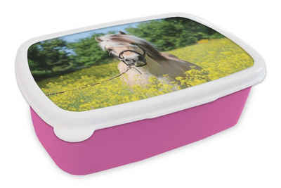 MuchoWow Lunchbox Pferd - Blumen - Gelb, Kunststoff, (2-tlg), Brotbox für Erwachsene, Brotdose Kinder, Snackbox, Mädchen, Kunststoff