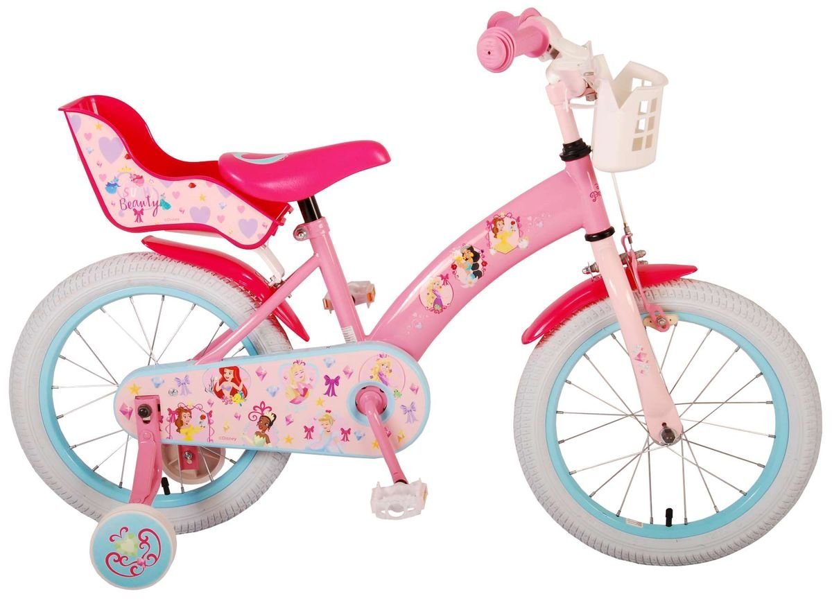 Mädchen Disney Fahrrad 1 Rad 21609-CH, Rücktrittbremse, 16 Zoll Gang, Kinder Puppensitz, Volare Korb, Prinzessin Stützräder Kinderfahrrad Princess