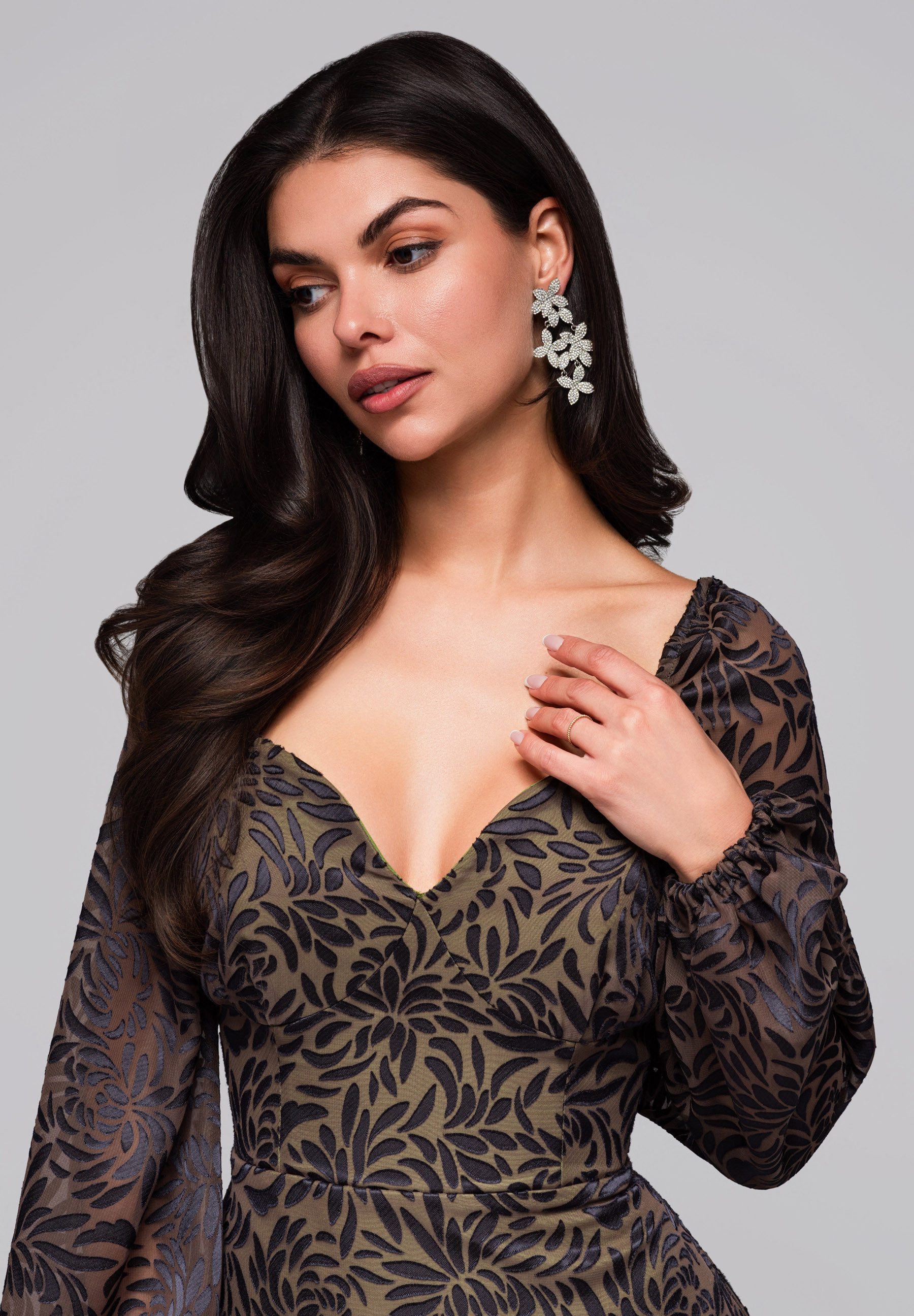 OMBRE Abendkleid Elegantes Midikleid mit transparenten Puffärmeln und flora günstig online kaufen