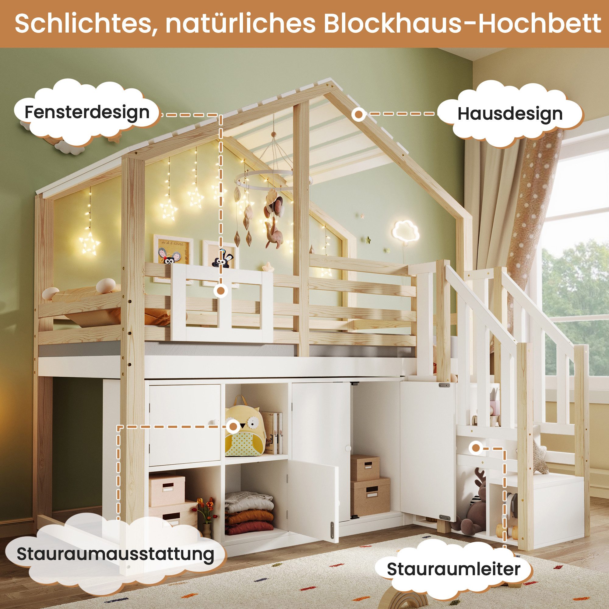 Merax Hochbett 90x200cm mit Dach in Hausform (1-St., Jugendbett Einzelbett) Massiv Kinderbett mit Stauraumtreppe Schließfächer Bettgitter Fenster – Bild 5 von 5