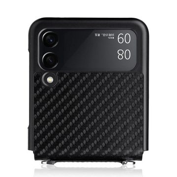 Wigento Handyhülle Für Samsung Galaxy Z Flip3 5G Carbon Design Kunststoff Hart Cover mit Halteschlaufe Handy Tasche Hülle Etuis Schwarz