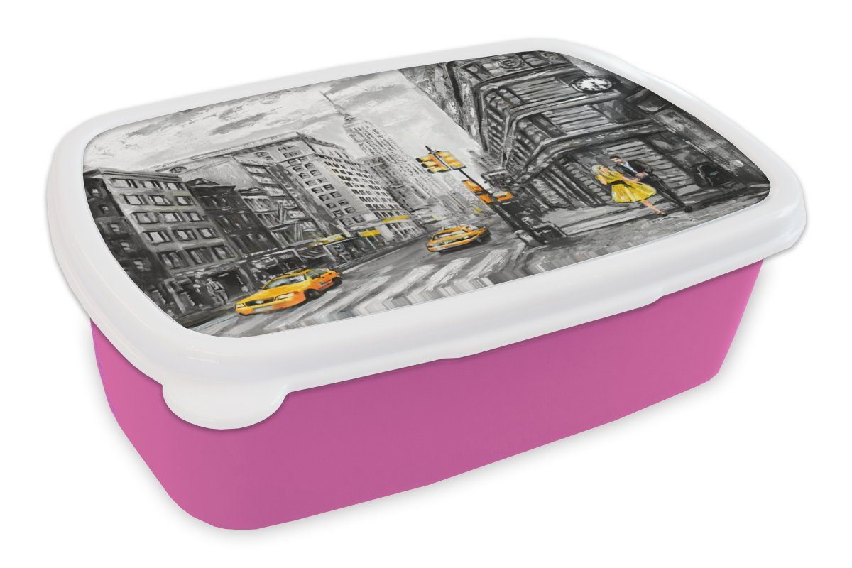 MuchoWow Lunchbox Malerei - Stadt - Auto - Gelb, Kunststoff, (2-tlg), Brotbox für Erwachsene, Brotdose Kinder, Snackbox, Mädchen, Kunststoff rosa