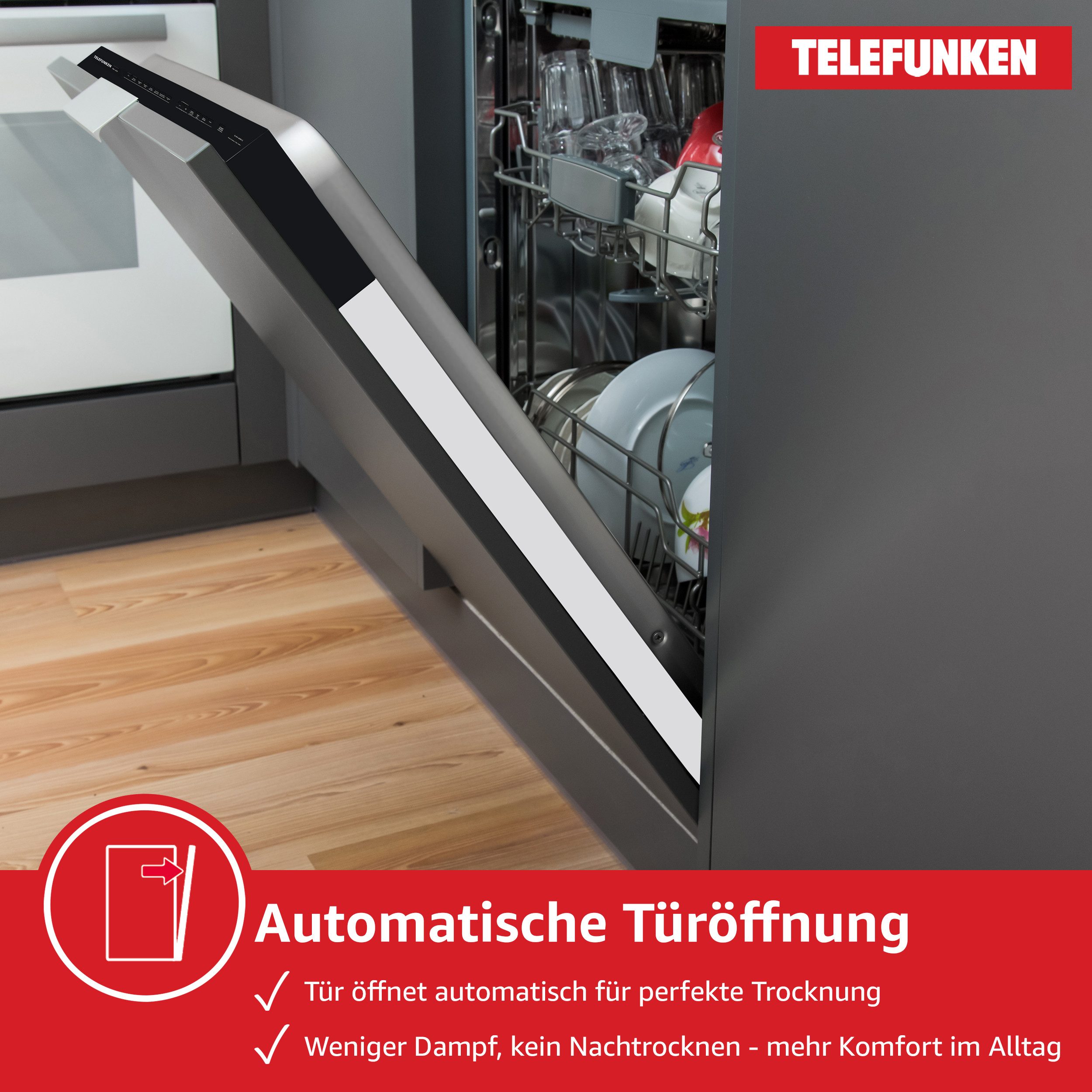 Telefunken vollintegrierbarer Geschirrspüler GEV6012D, 12 l, 12 Maßgedecke, Einbau Spülmaschine vollintegriert 60 cm, 12 Gedecke, AquaStop, 45 dB