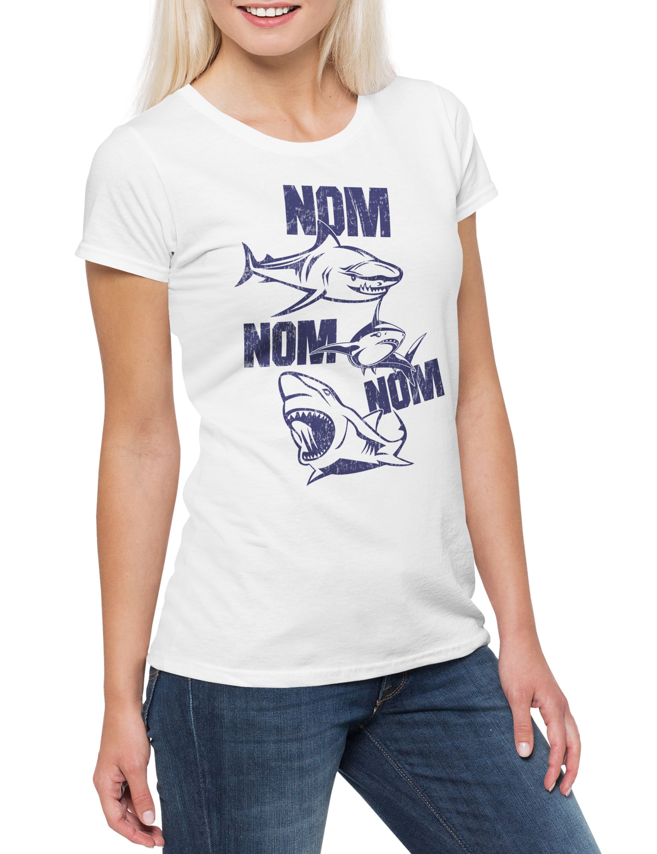 Urban Backwoods Print-Shirt Sharks Nom Damen T-Shirt Hai Shark Jaws Haifisch Nom Taucher Hunger (1-tlg) Great White Diver Angler