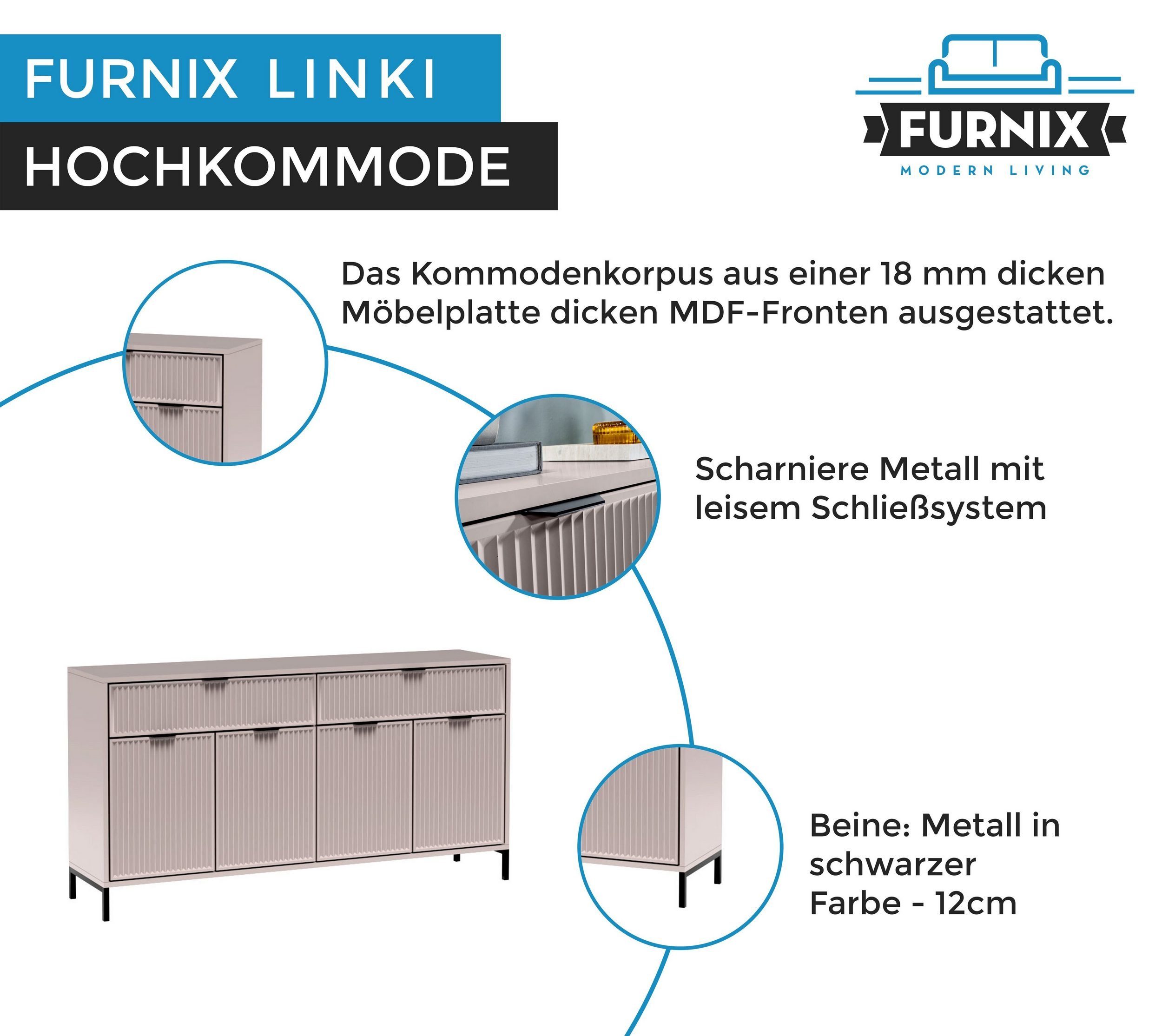 Furnix Hochkommode Sideboard industrial, mit Kahmere und x Wohnzimmerkommode 4 LINKI Türen cm Loftdesign, 2 LS1 x B165,3 T40,6 H86 Schubladen