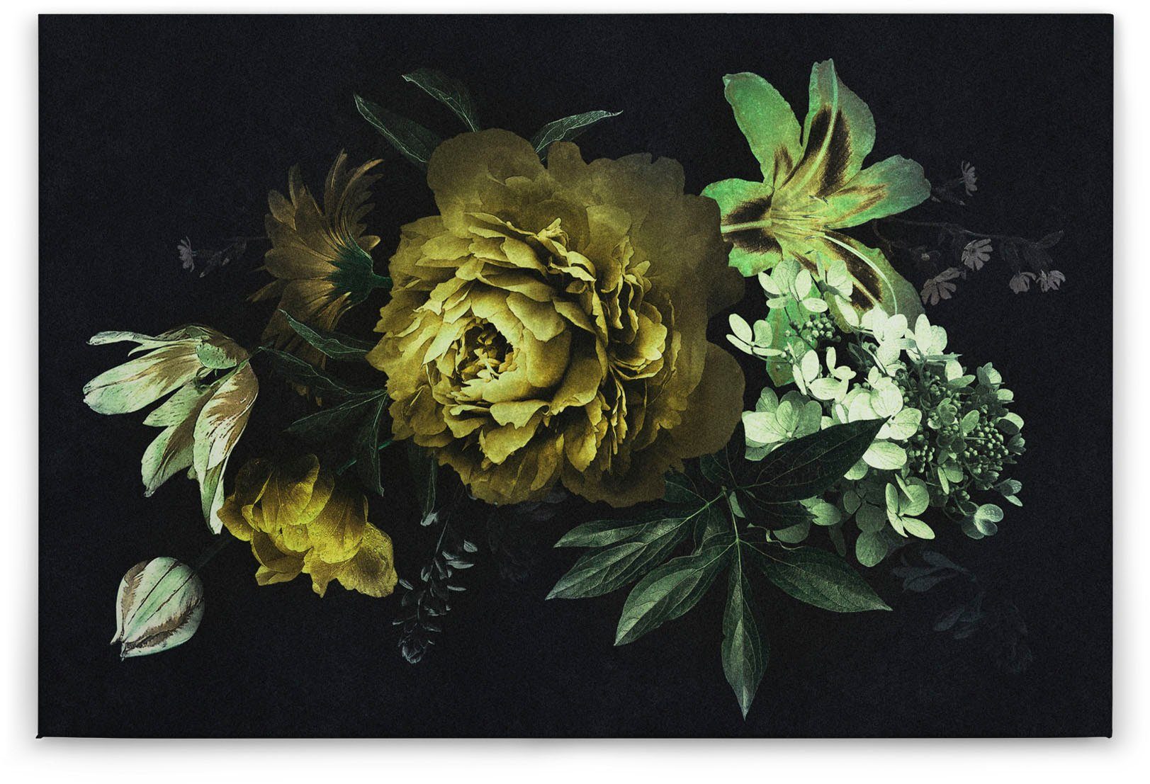 Création Blumen drama Bild Floral Leinwandbild Keilrahmen schwarz, St), grün gelb, (1 Blumen A.S. queen,