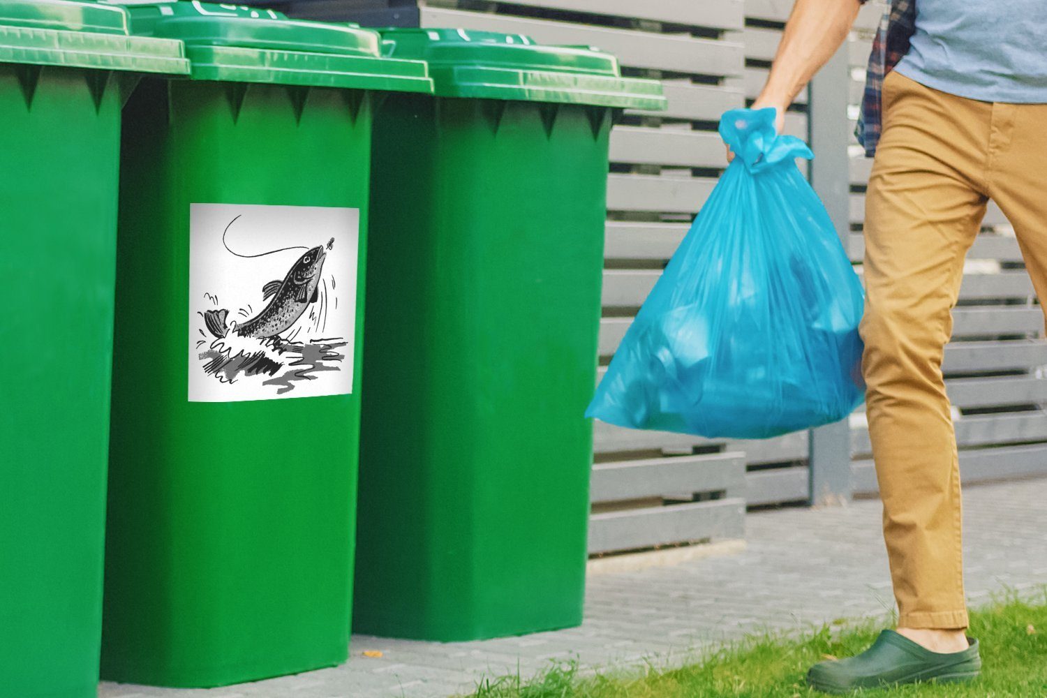 Mülltonne, (1 MuchoWow schwarz der - kommt Abfalbehälter St), Wasser Mülleimer-aufkleber, Illustration Container, eines Fisches, Sticker, Wandsticker aus dem und