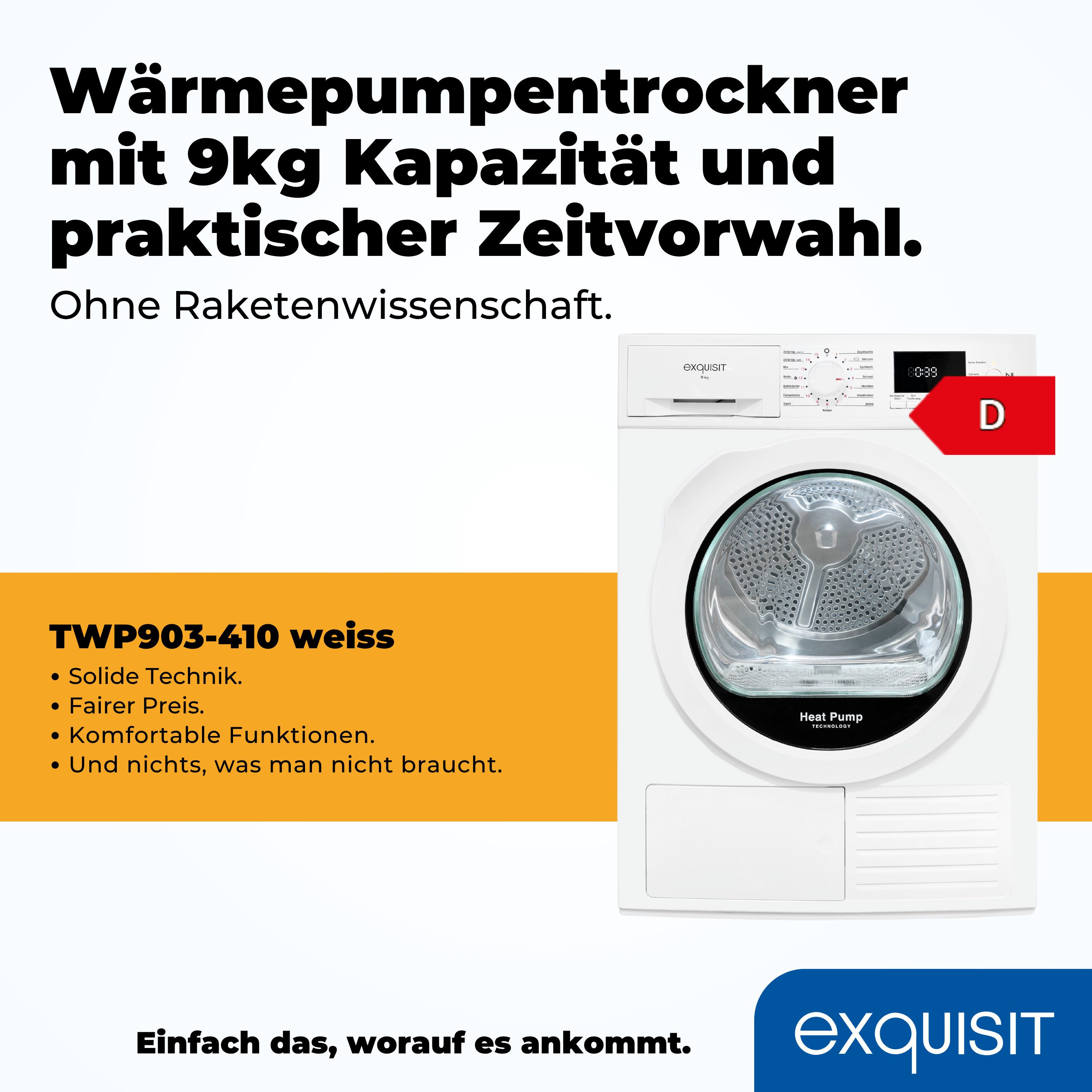 exquisit Wärmepumpentrockner TWP903-410 weiss, Made in Italy,Wärmepumpentechnologie für weniger Energieverbrauch