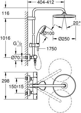 Grohe Duschsystem Vitalio Start System 250, Höhe 10 cm, 1 Strahlart(en), mit Thermostatbatterie für die Wandmontage