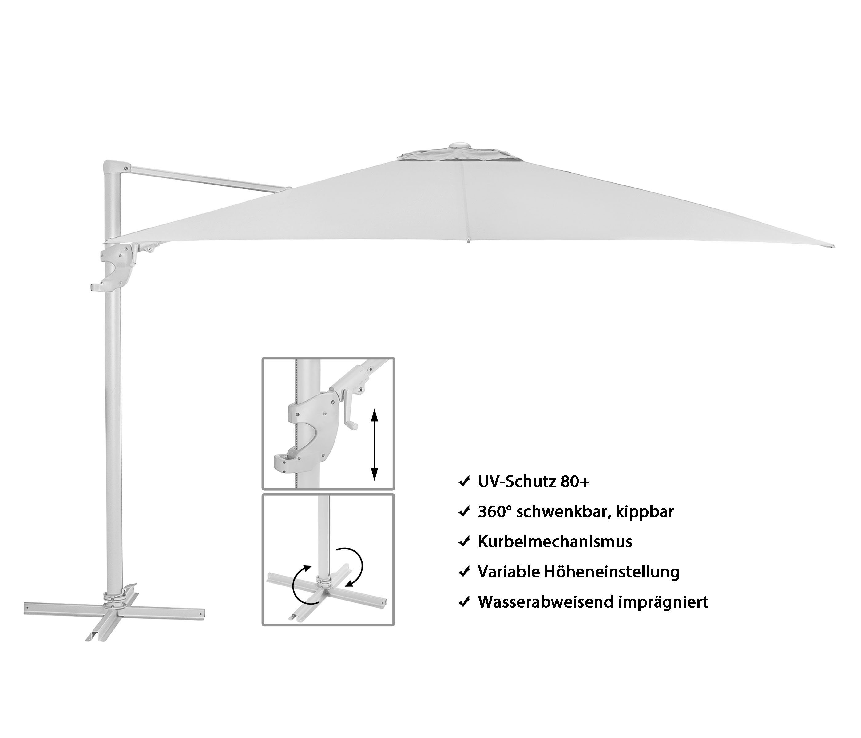 Dehner Sonnenschirm Zypern, schwenkbar, eckig, 264 x 300 x 300 cm, Hochwertiger Ampelschirm mit UV-Schutz 80+ inklusive Plattenständer