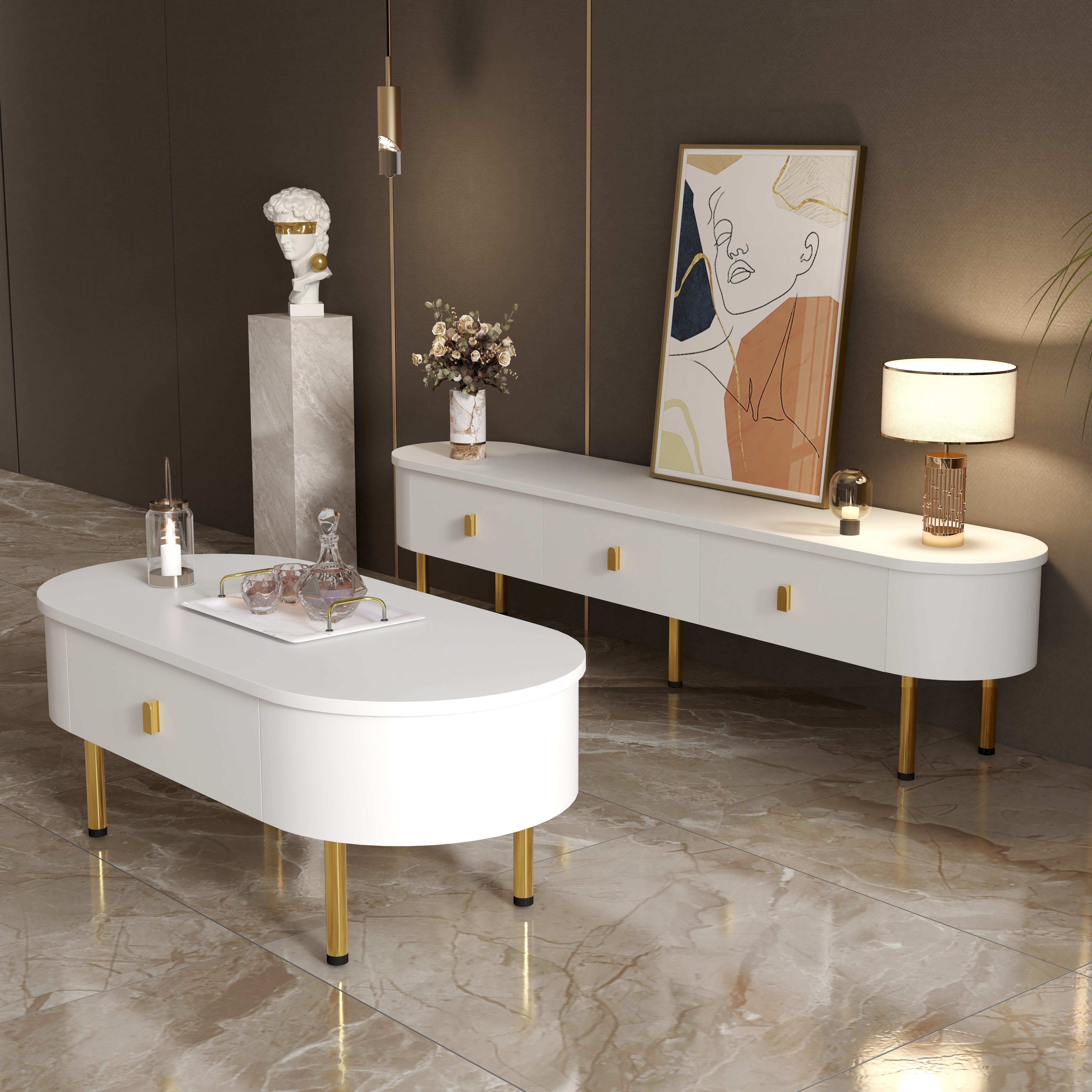 MODFU Wohnzimmer-Set aus massivem MDF, (Weiß und Gold, 2-St., geschwungenen Kanten), mit goldenen Griffen und Beinen