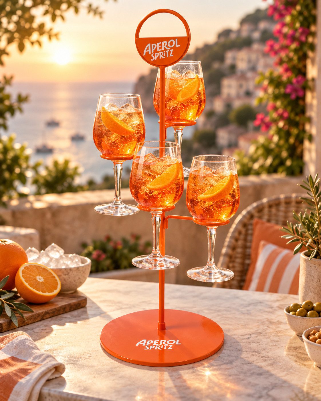 Mixcompany Gläserhalter Aperol Spritz Gläserhalter inklusive 4 originalen Gläsern, 5-tlg., Besonderer Blickfang für Aperol-Liebhaber