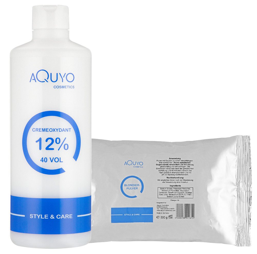 AQUYO Cosmetics Haarfarbe Blondierpulver 500g + Creme Oxydant Entwickler 12%, Set