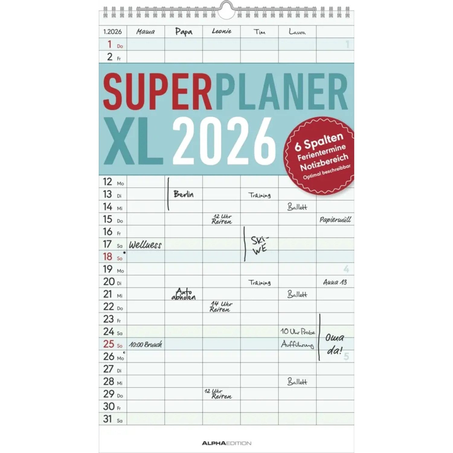 Alpha Edition Wandkalender Alpha Edition - Superplaner XL 6 Spalten 2026 - Familienkalender...