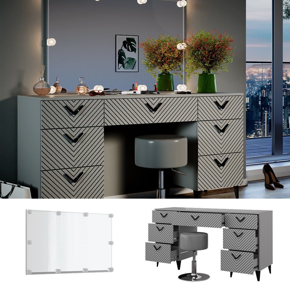 Vicco Schminktisch Anett, Grau, 150 cm mit LED Beleuchtung und Hocker günstig online kaufen