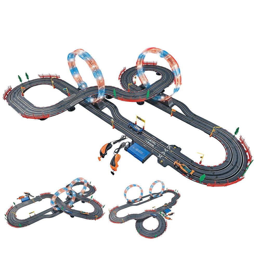 LEAN TOYS Autorennbahn Rennbahn Loopingstrecke Rennwagen (Streckenlänge 5.6 m), (Spar-Set, 1-tlg., 138x58x36 cm beleuchtet), 3-in-1 Streckenaufbau, beleuchtete Loopings, Rundenzähler