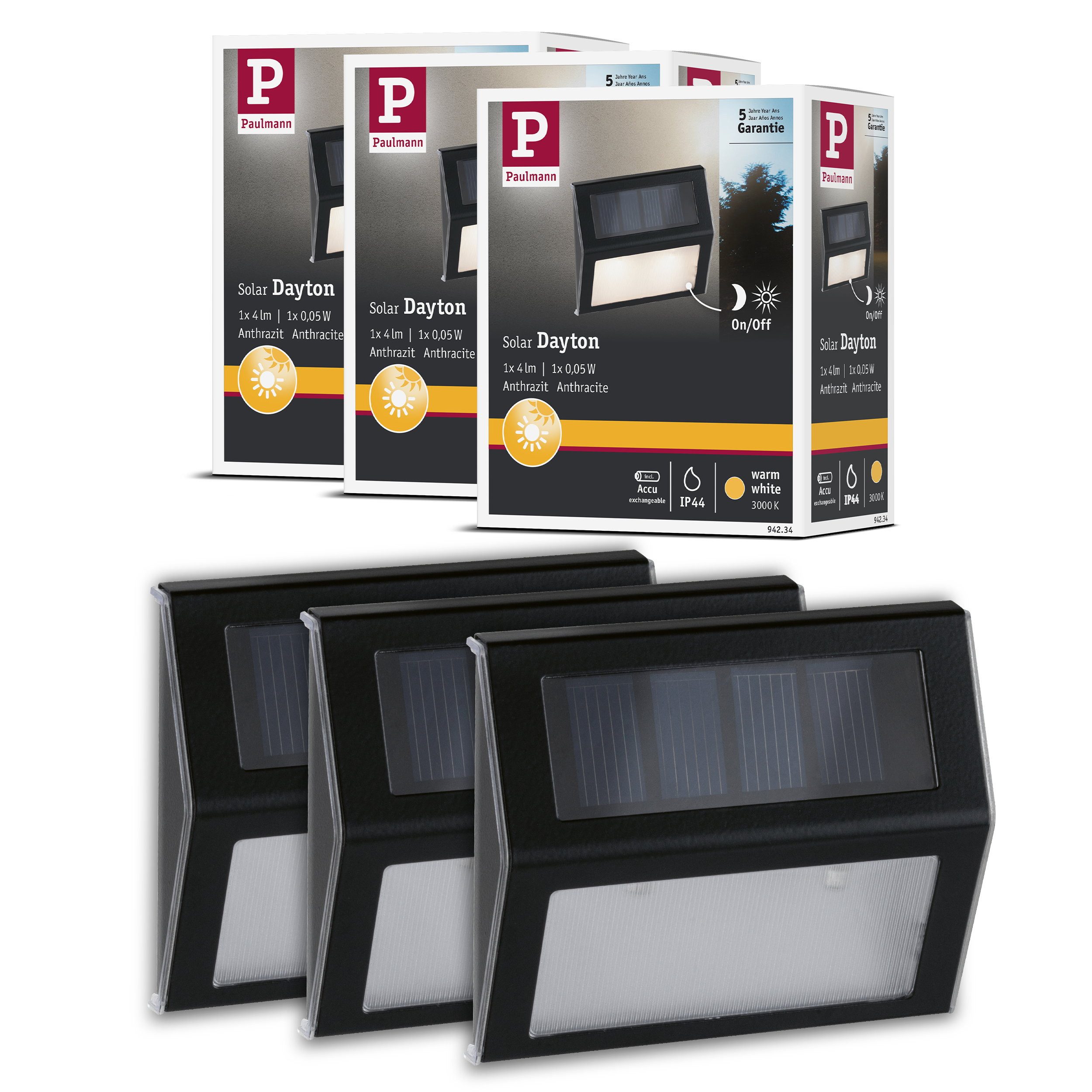 Paulmann LED Wandleuchte Set Solar LED Treppenleuchte Dayton 2er-Set IP44 3000K 3x2lm Anthrazit